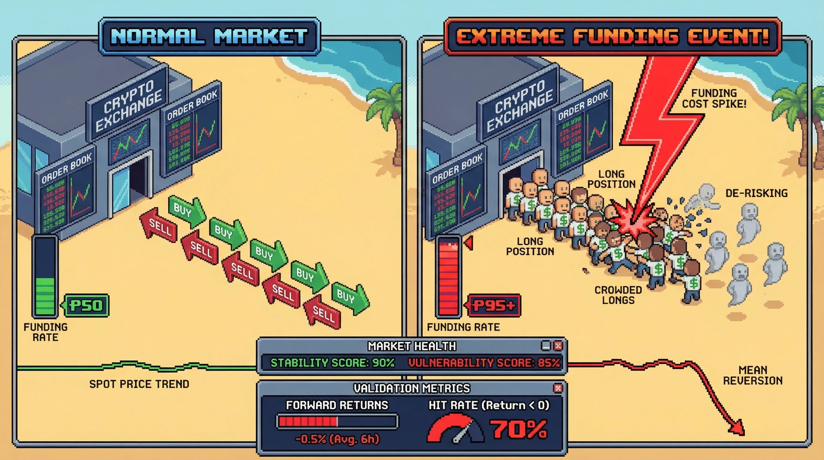 Mechanism: Extreme positive funding rates indicate overcrowded long positions, causing high funding costs and prompting marginal longs to de-risk. Readout: Readout: This leads to short-term mean reversion, with average negative spot returns of -0.5% over 6 hours and a 70% hit rate of negative returns.