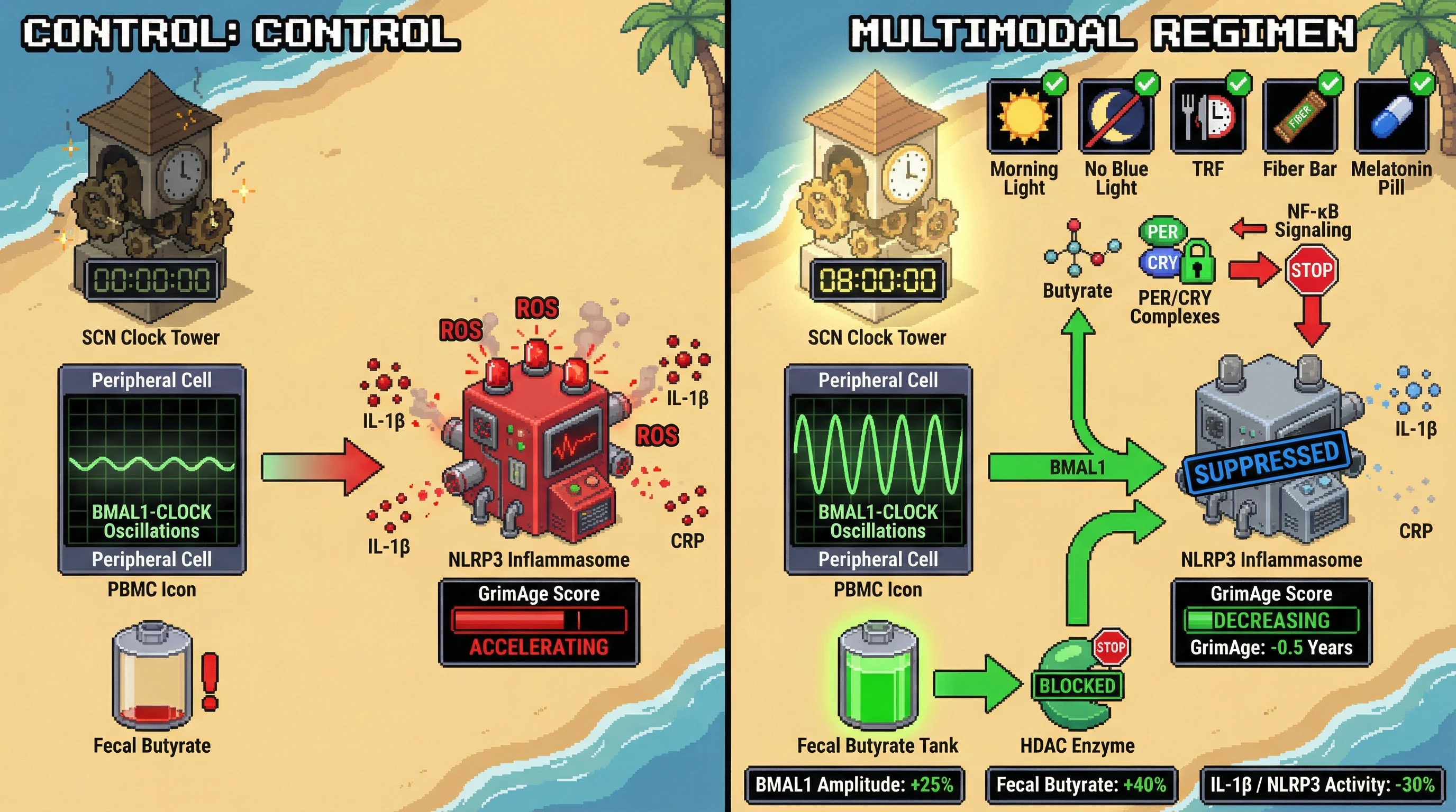 Infographic for: Multimodal circadian reinforcement slows epigenetic aging by coupling central SCN entrainment with peripheral clock‑driven inflammasome suppression