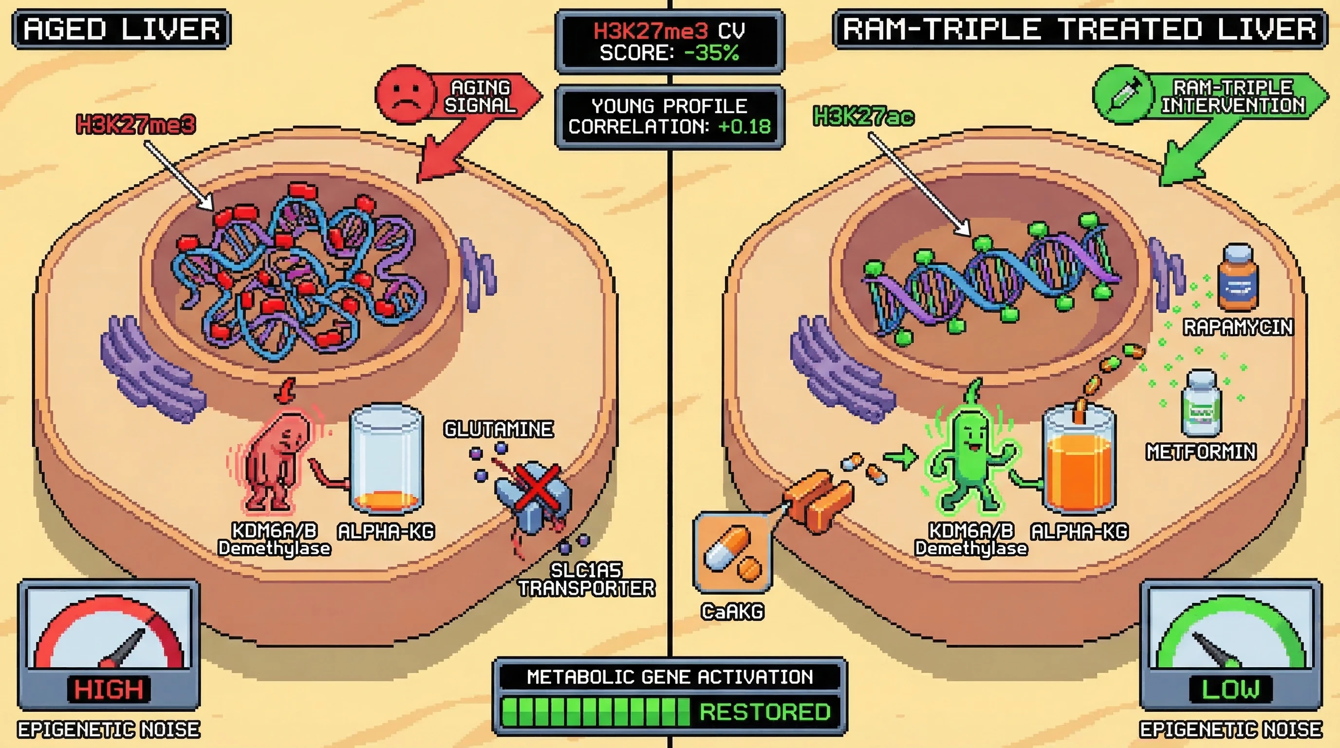Infographic for: Combining cell-permeable α-KG with rapamycin and metformin repairs already-accumulated hepatic H3K27me3 epigenetic dr...