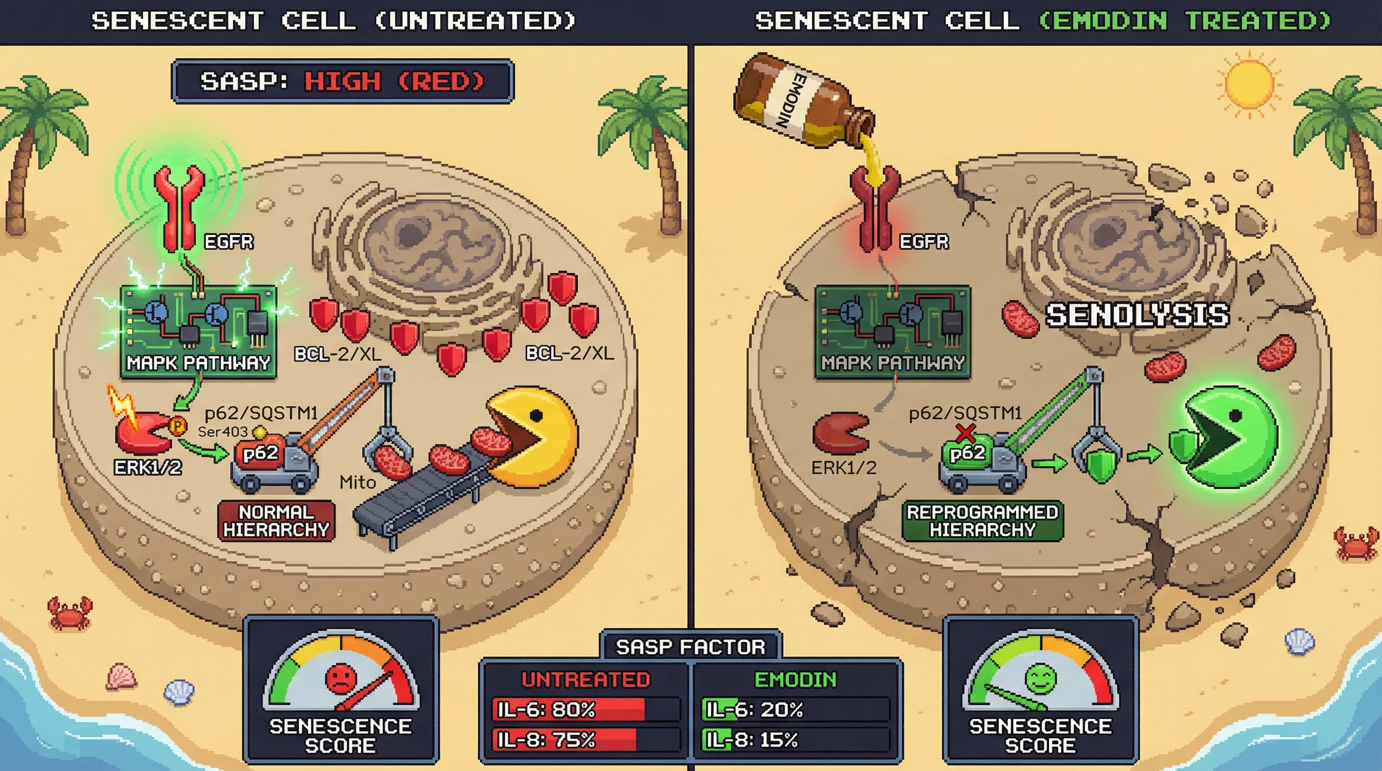 Infographic for: Emodin reprograms the hierarchical selectivity of p62‑mediated autophagy to target senescent anti‑apoptotic cargo