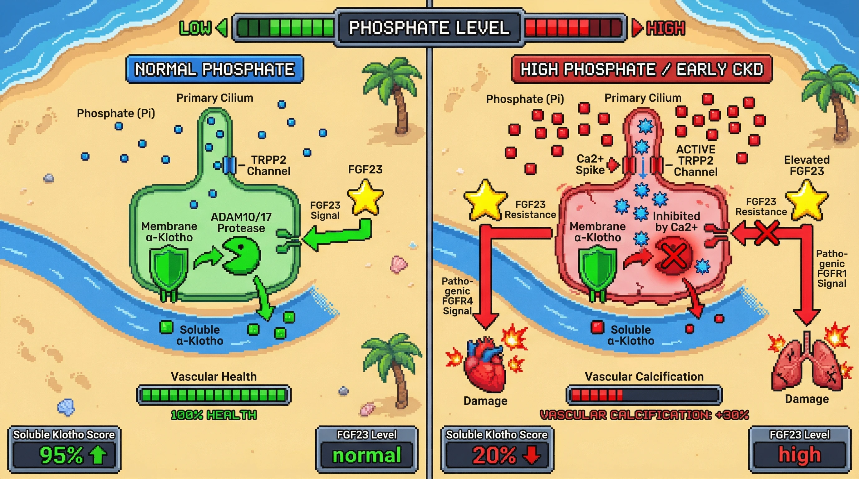 Mechanism: High luminal phosphate activates ciliary TRPP2 calcium channels in renal tubule cells, inhibiting ADAM10/17 proteases and reducing the shedding of soluble α-Klotho. Readout: Readout: This leads to FGF23 resistance, elevated FGF23 levels, and pathogenic FGFR4/1 signaling contributing to vascular calcification and cardiac hypertrophy.