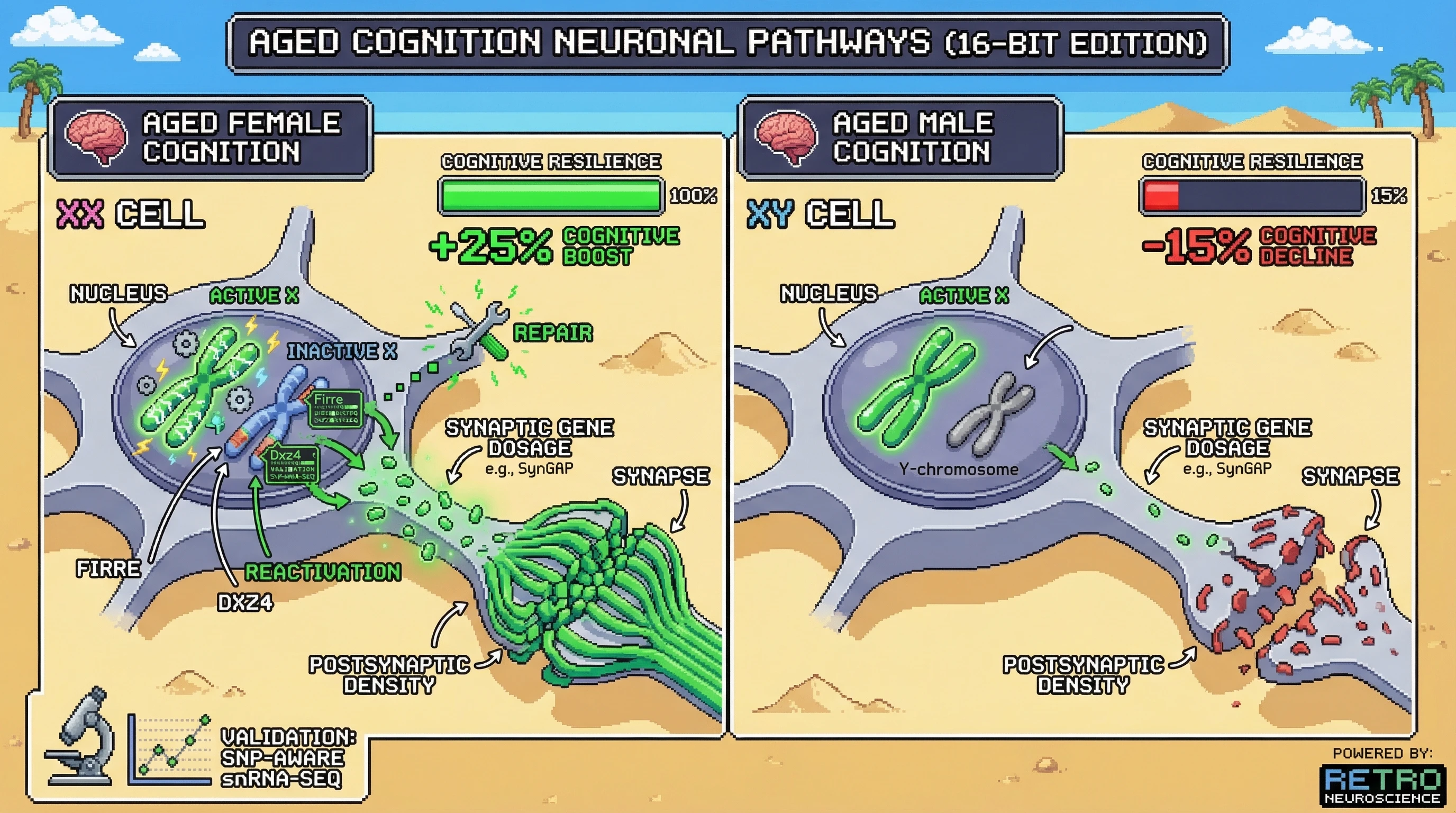 Mechanism: In aged female neurons, specific X-chromosome loci reactivate to boost synaptic gene dosage, enhancing cognitive resilience. Readout: Readout: Females exhibit full 'Cognitive Resilience' with a +25% boost, while males show 'Cognitive Decline' with a -15% reduction.