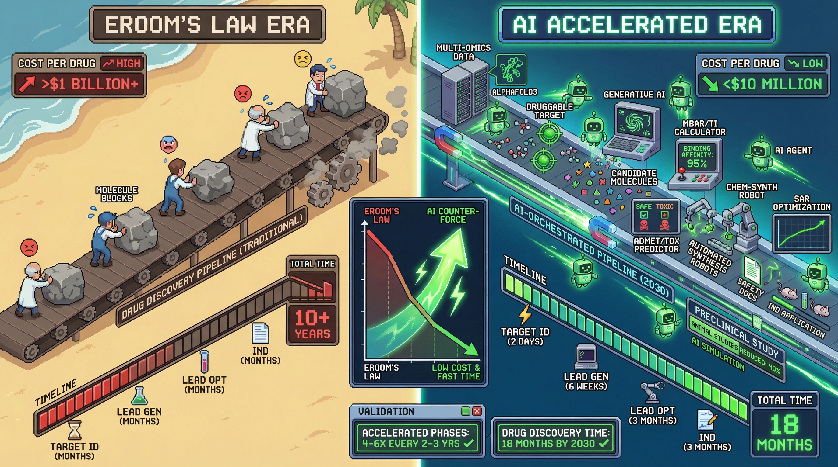 Infographic for: AI Agents Collapse Drug Discovery to 18 Months by 2030—Reversing Eroom’s Law