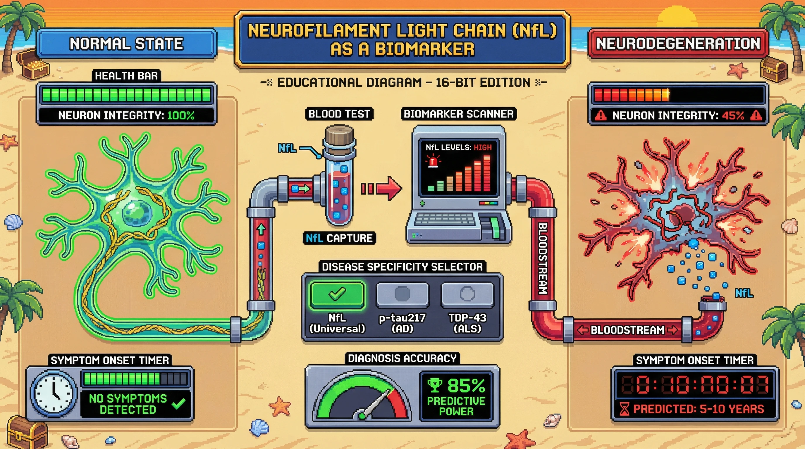 This infographic illustrates how Neurofilament light chain (NfL) leaks from dying neurons into the bloodstream years before symptoms, acting as a universal biomarker for early detection of neurodegenerative diseases. It highlights the potential for early intervention by tracking NfL levels and considering disease-specific markers.
