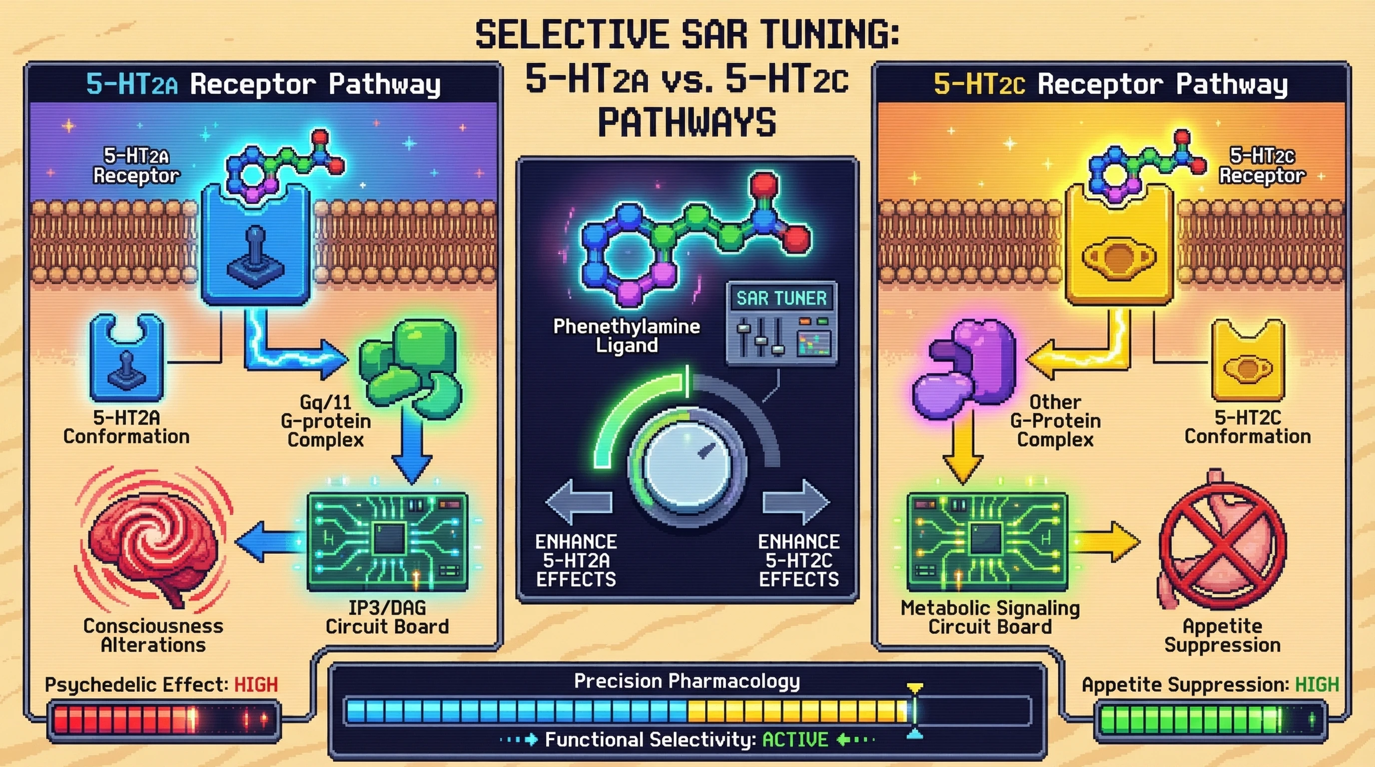 Infographic for: Functional Selectivity SAR — Why Phenethylamines Hit 5-HT2A Harder Than 5-HT2C Despite Identical Binding Affinity
