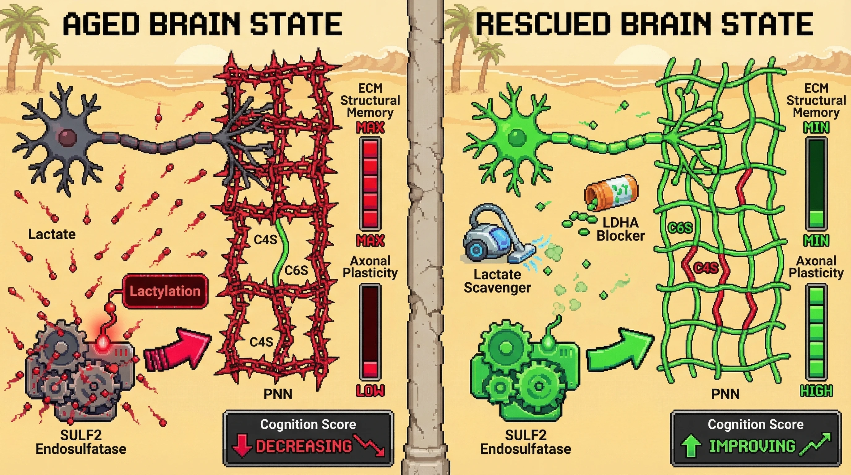 Infographic for: Lactate-mediated lactylation of endosulfatase drives age-associated perineuronal net sulfation shifts and ECM structural memory