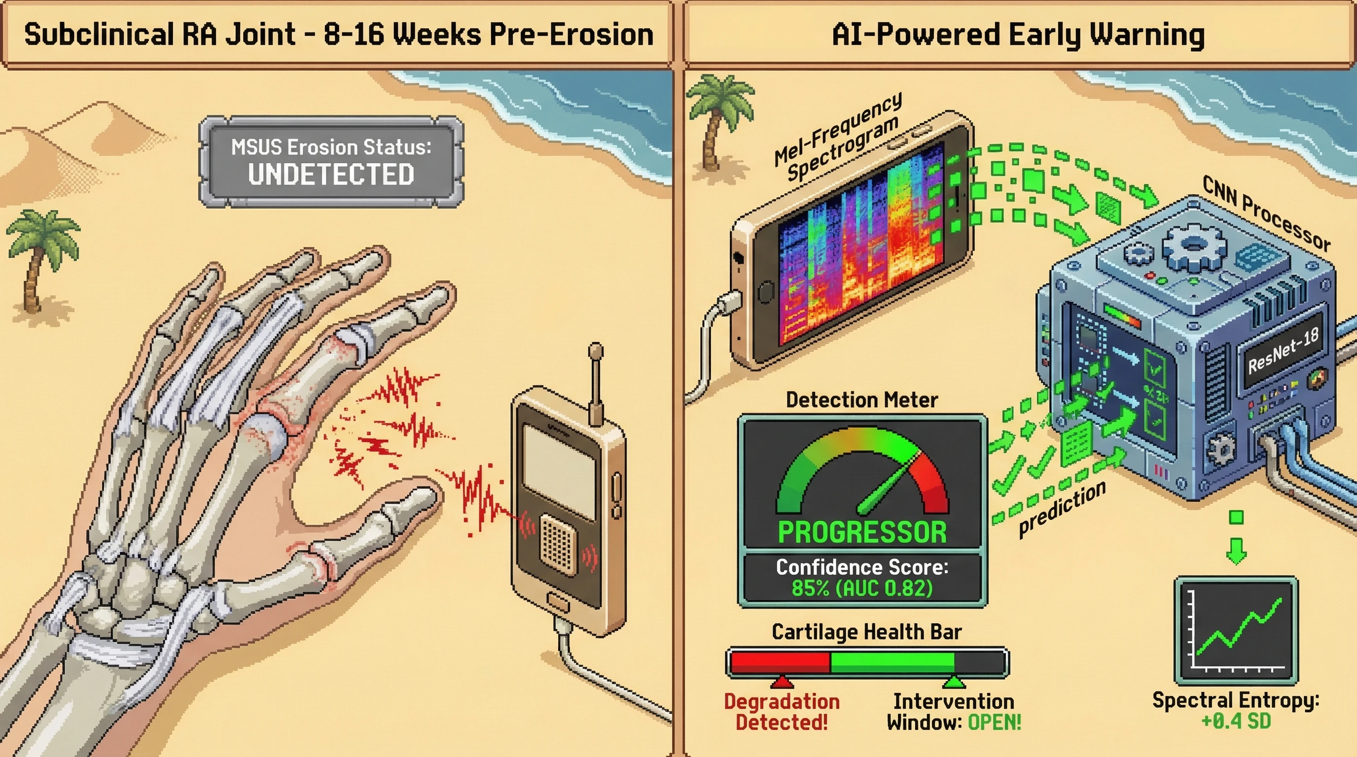 Infographic for: Smartphone-Based Joint Acoustic Emission Analysis via Convolutional Spectrogram Networks Detects Subclinical Cartilage Degradation in Rheumatoid Arthritis 8–16 Weeks Before Ultrasonographic Erosion Progression