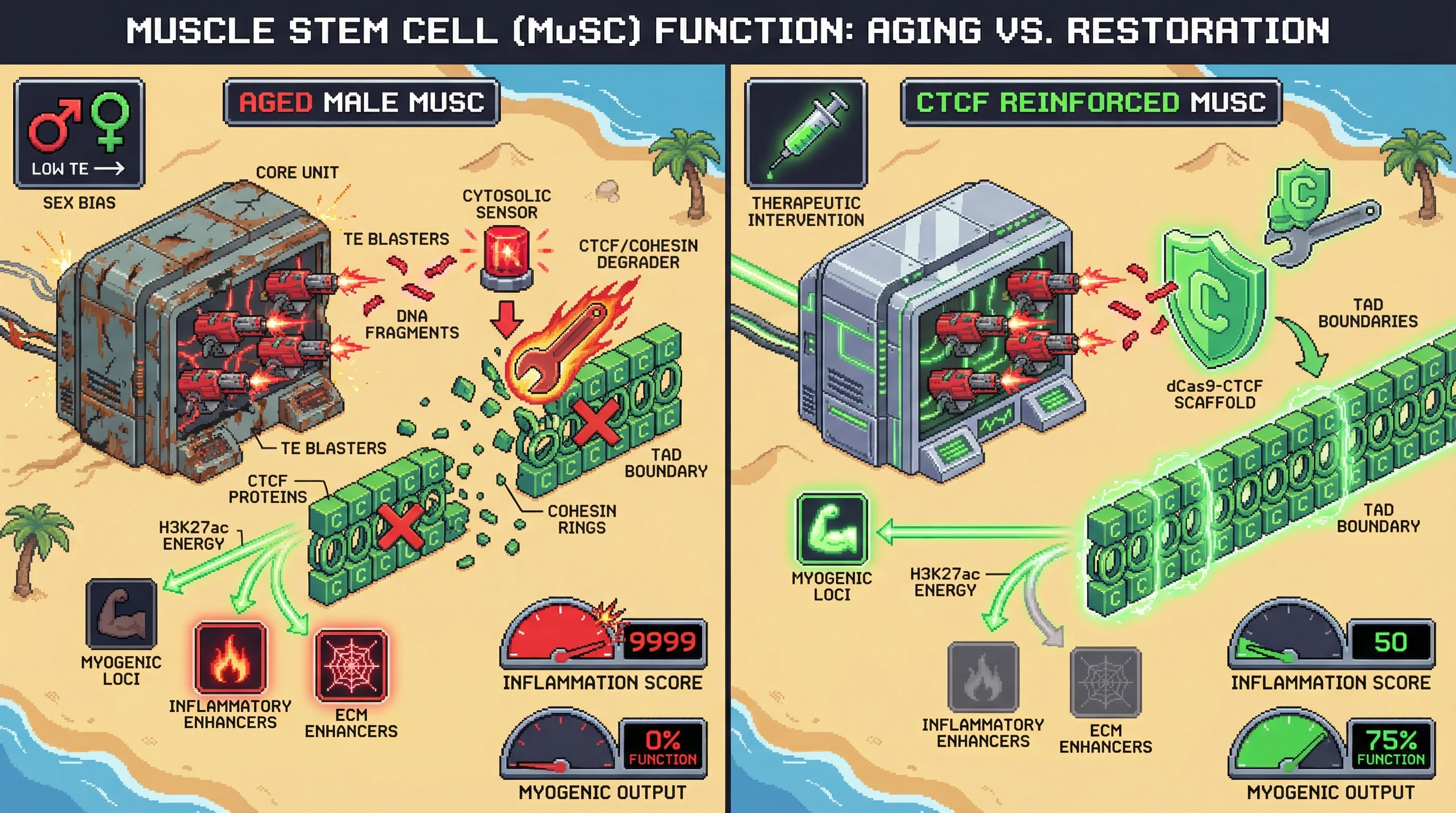 Mechanism: In aged male muscle stem cells, transposable element activation erodes CTCF/cohesin TAD boundaries, misdirecting H3K27ac to inflammatory enhancers. Readout: Readout: This leads to low myogenic function and high inflammation, which is reversed by CTCF reinforcement, restoring function and suppressing inflammatory markers.