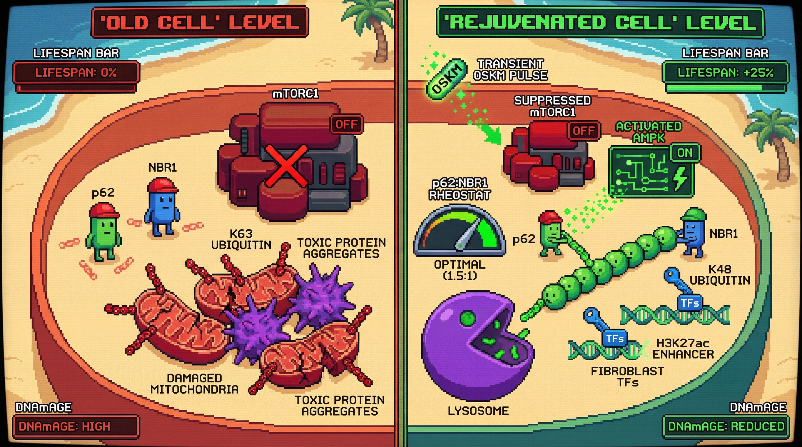 Infographic for: p62:NBR1 Ratio as a Ubiquitin-Code Rheostat Guides Selective Autophagy During Epigenetic Rejuvenation