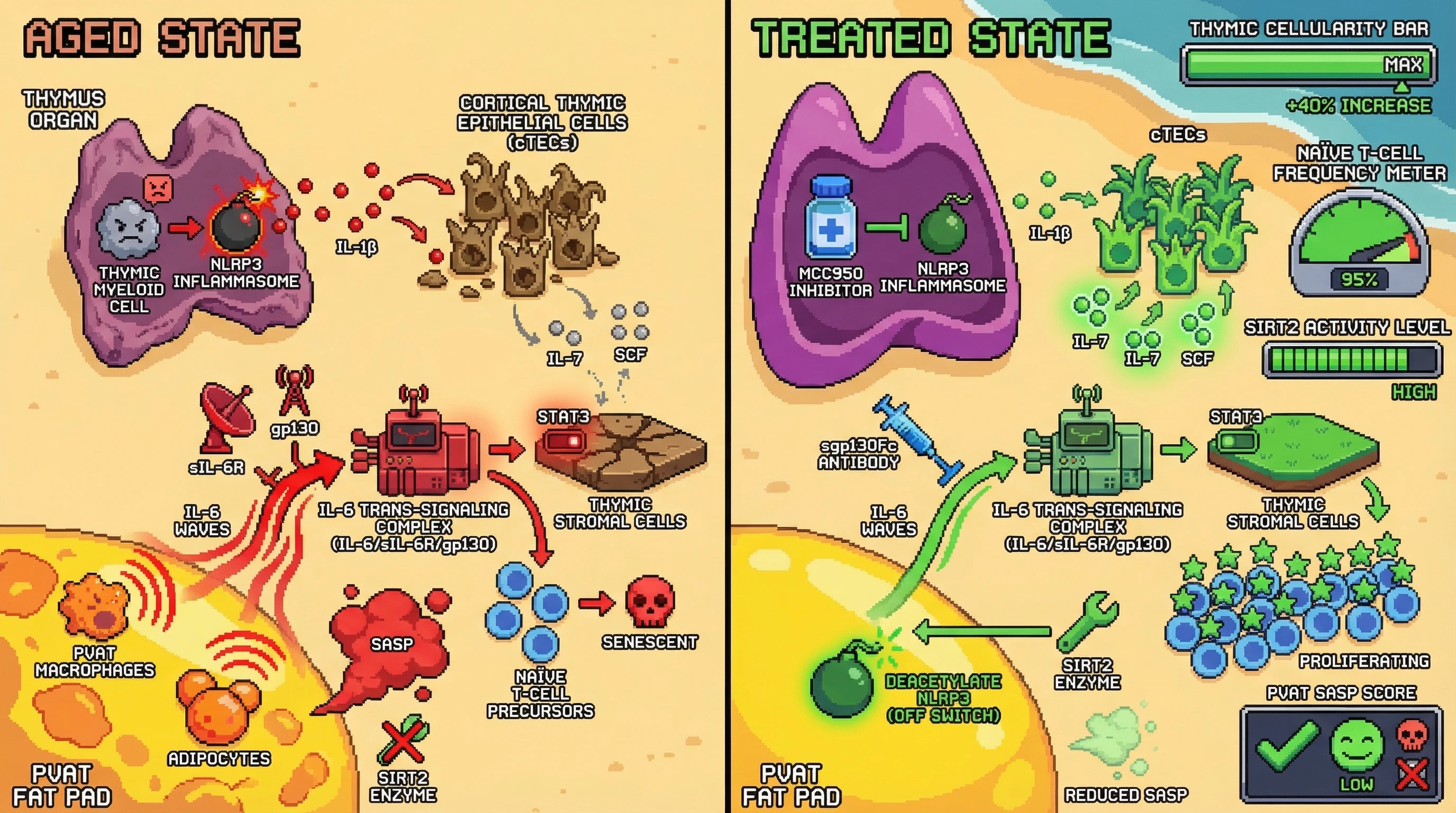 Mechanism: Combined inhibition of NLRP3 inflammasome activity and IL-6 trans-signaling reverses immunosenescence by restoring thymic function and reducing SASP. Readout: Readout: Thymic cellularity increases, naïve T-cell frequencies rise, and SIRT2 activity is elevated, indicating a robust reversal of age-associated decline.