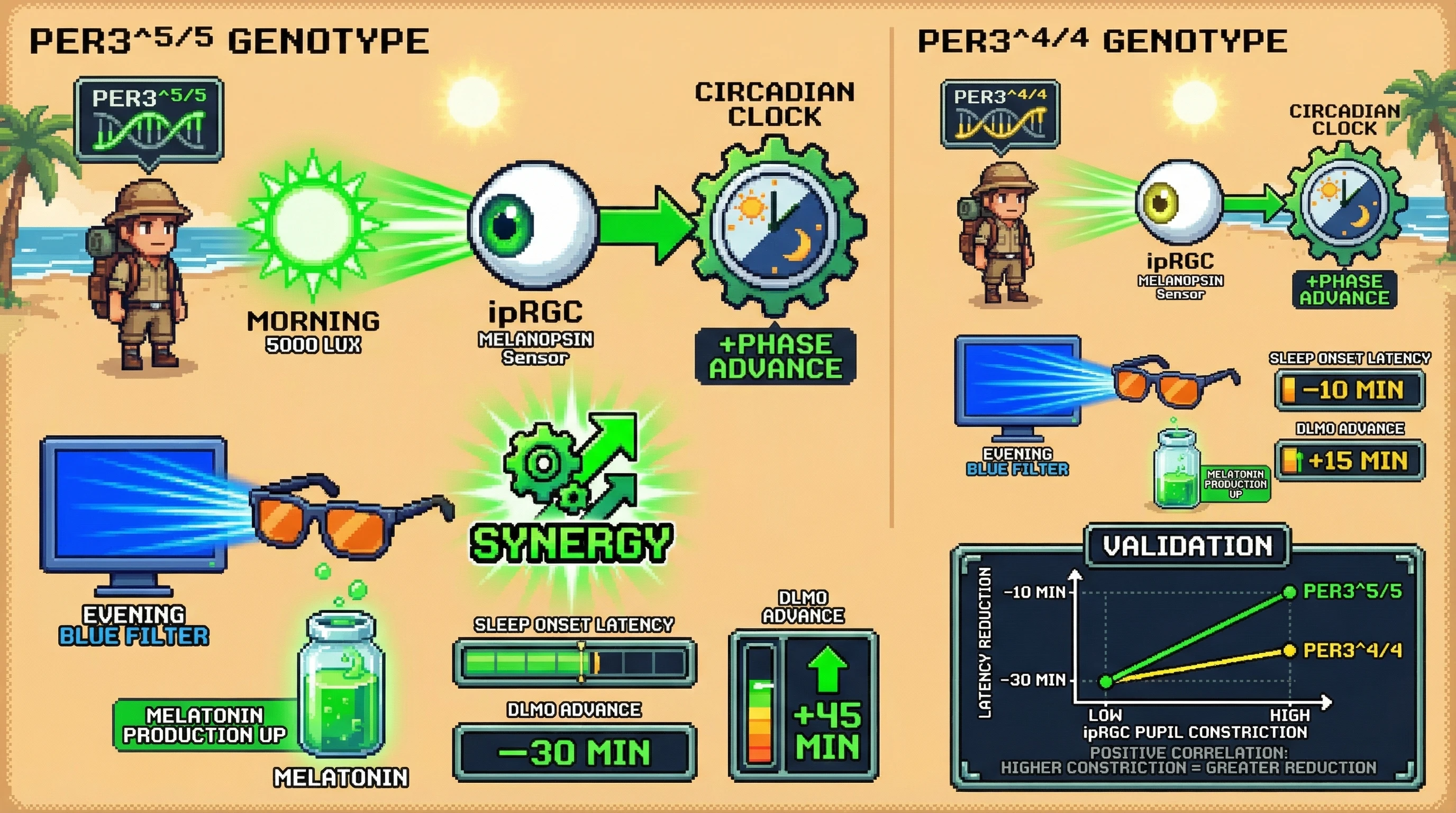 Infographic for: Morning Light and Evening Blue‑Light Filtering Synergy Reduces Sleep Onset Latency in PER3^5/5 Individuals