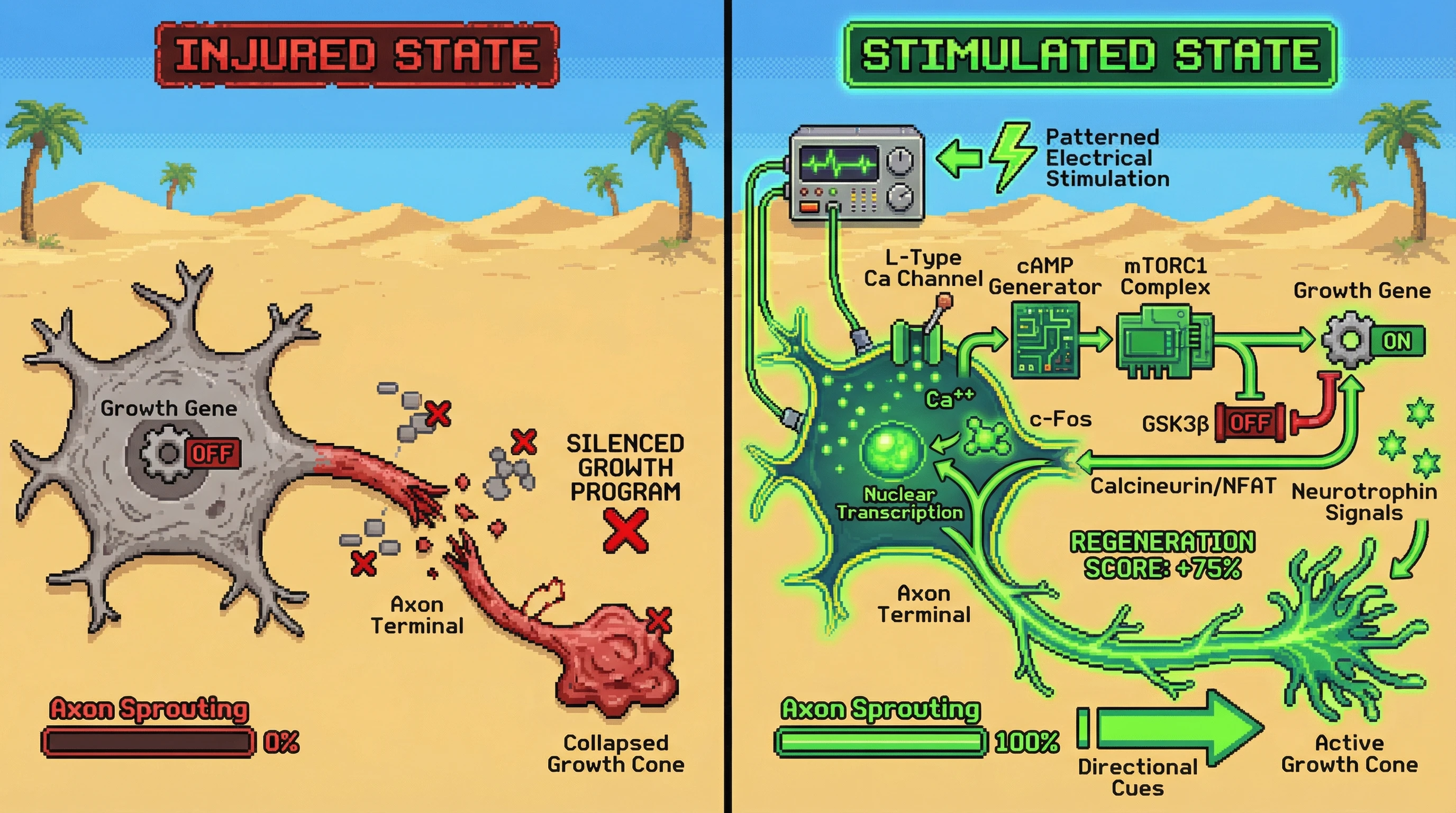Infographic for: Neuronal Activity Unlocks Axon Regeneration—Patterned Electrical Stimulation Reactivates Silenced Growth Programs