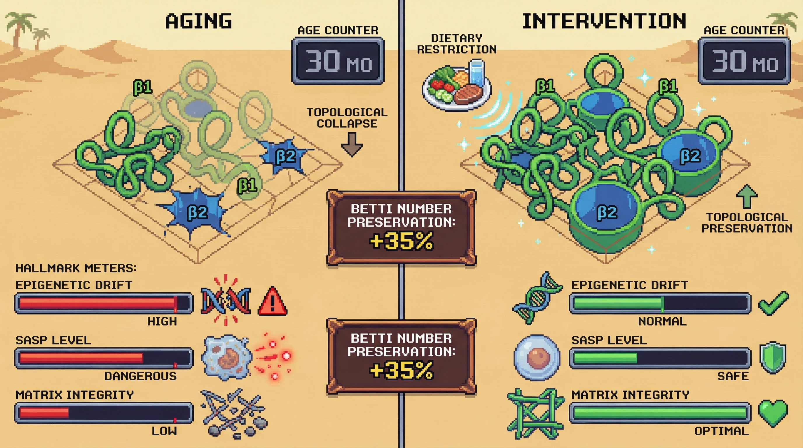 Mechanism: Aging involves a 'Topological Lock' where the gene expression space loses 'β1' loops and 'β2' voids, driving hallmarks like epigenetic drift and SASP. Readout: Readout: Dietary restriction preserves Betti numbers by 35%, correlating with attenuated hallmark progression at 30 months.
