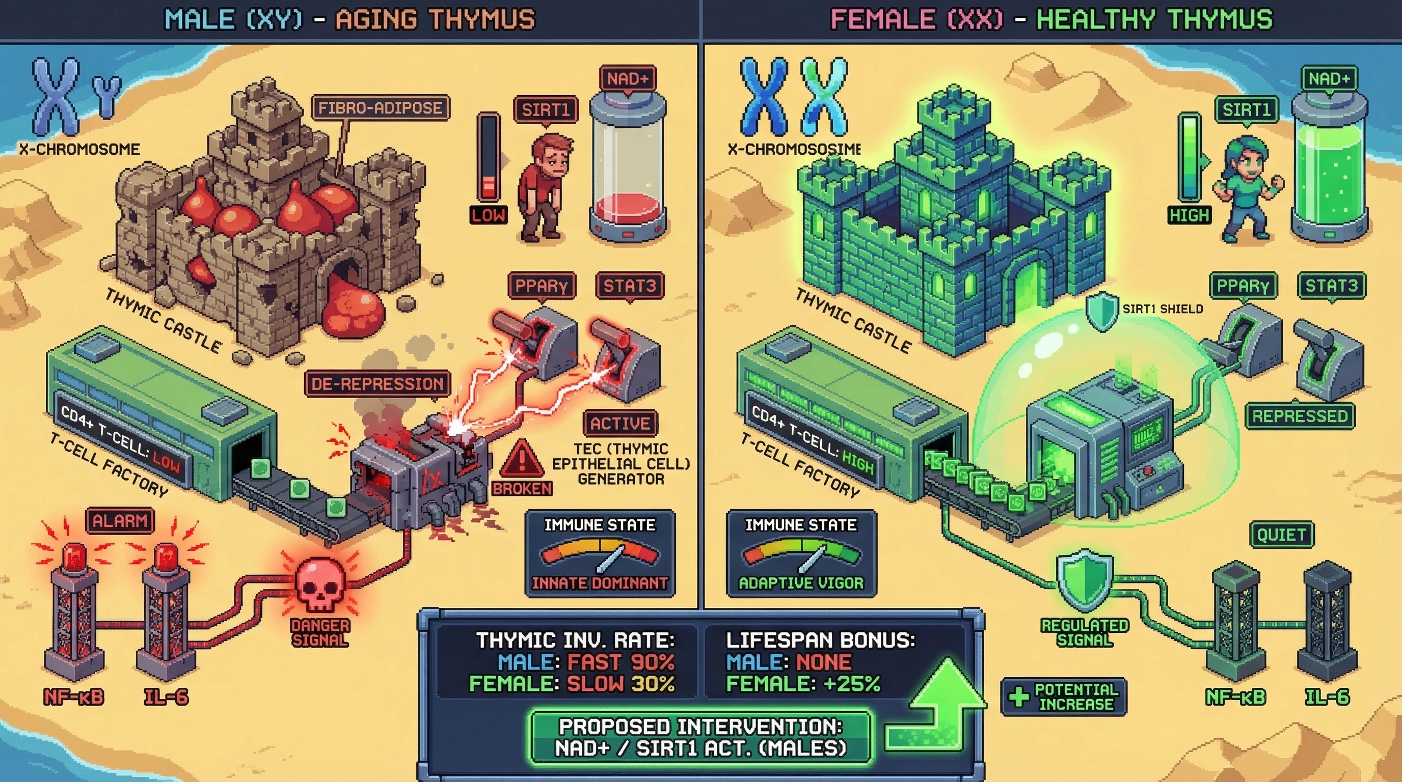 Infographic for: Epigenetic Buffer Exhaustion: The X-Chromosome as a Sirtuin-Mediated Shield Against Male Thymic Degeneration
