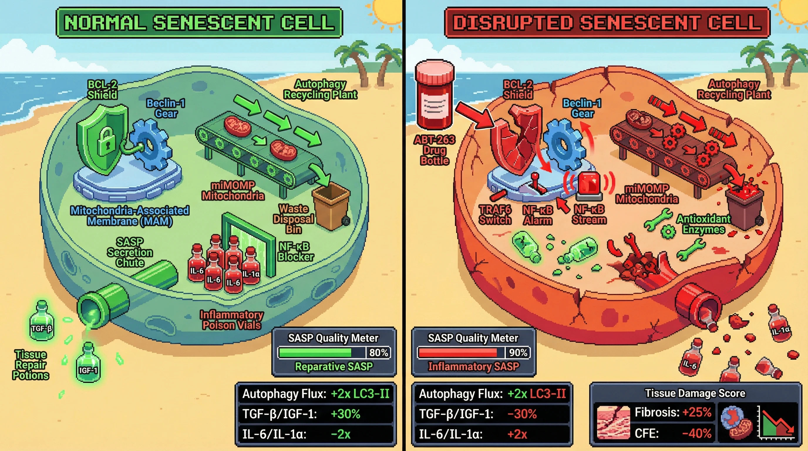 Infographic for: The BCL-2/Beclin-1 Rheostat Governs Senescent Cell SASP Quality: Disruption Converts Hostage Negotiators into Inflammatory Saboteurs