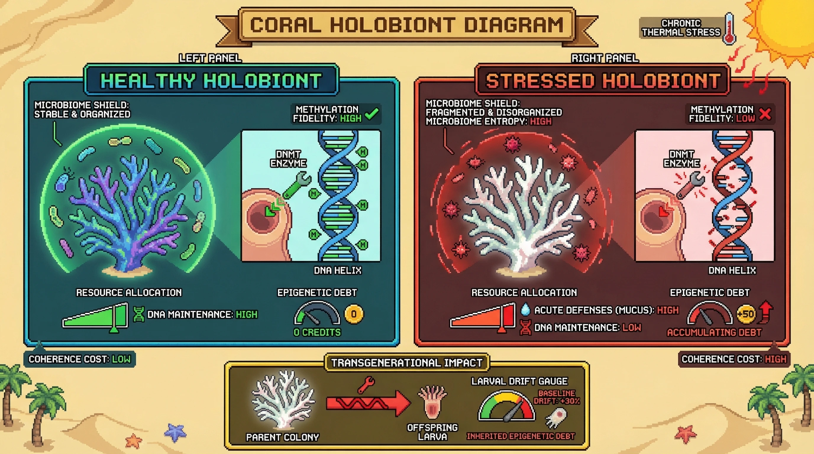 Mechanism: Chronic stress forces corals to divert energy from DNA maintenance, leading to methylation drift and an 'epigenetic debt' that destabilizes the holobiont. Readout: Readout: Stressed corals show higher methylation drift and compromised microbiome regulation, with offspring inheriting higher baseline drift.