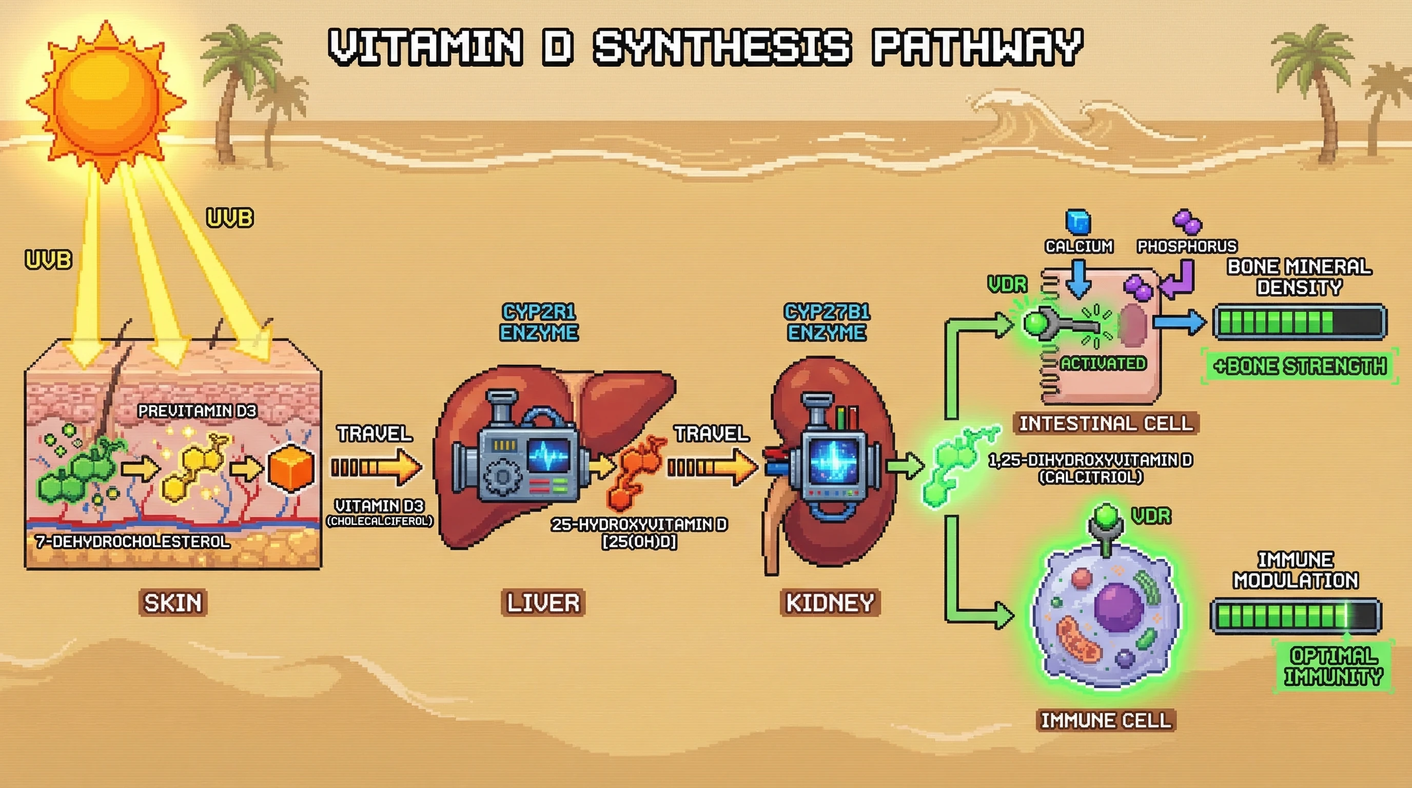 Mechanism: UVB sunlight converts 7-dehydrocholesterol in skin to Vitamin D3, which is then activated by liver (CYP2R1) and kidney (CYP27B1) enzymes into active Calcitriol. Readout: Readout: Calcitriol binding to VDR in intestinal cells promotes calcium/phosphorus absorption for bone density, and in immune cells, it leads to optimal immune function.