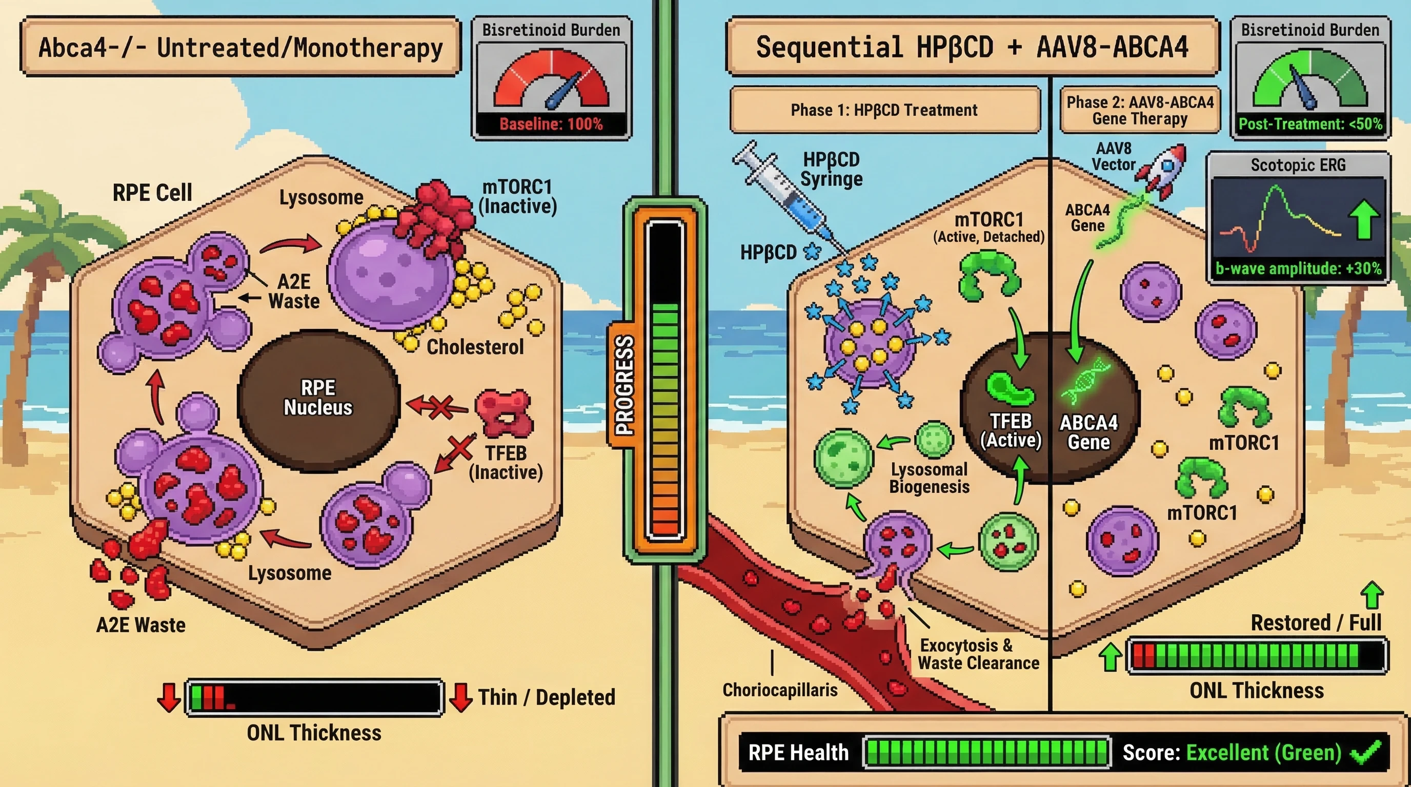 Mechanism: Sequential intravitreal HPβCD first clears existing bisretinoid burden by activating TFEB-driven lysosomal exocytosis, then subretinal AAV8-ABCA4 gene therapy maintains retinal health. Readout: Readout: This protocol reduces RPE A2E and bisretinoid content by over 50%, preserves ONL thickness at over 80%, and improves scotopic ERG b-wave amplitudes by over 30%.