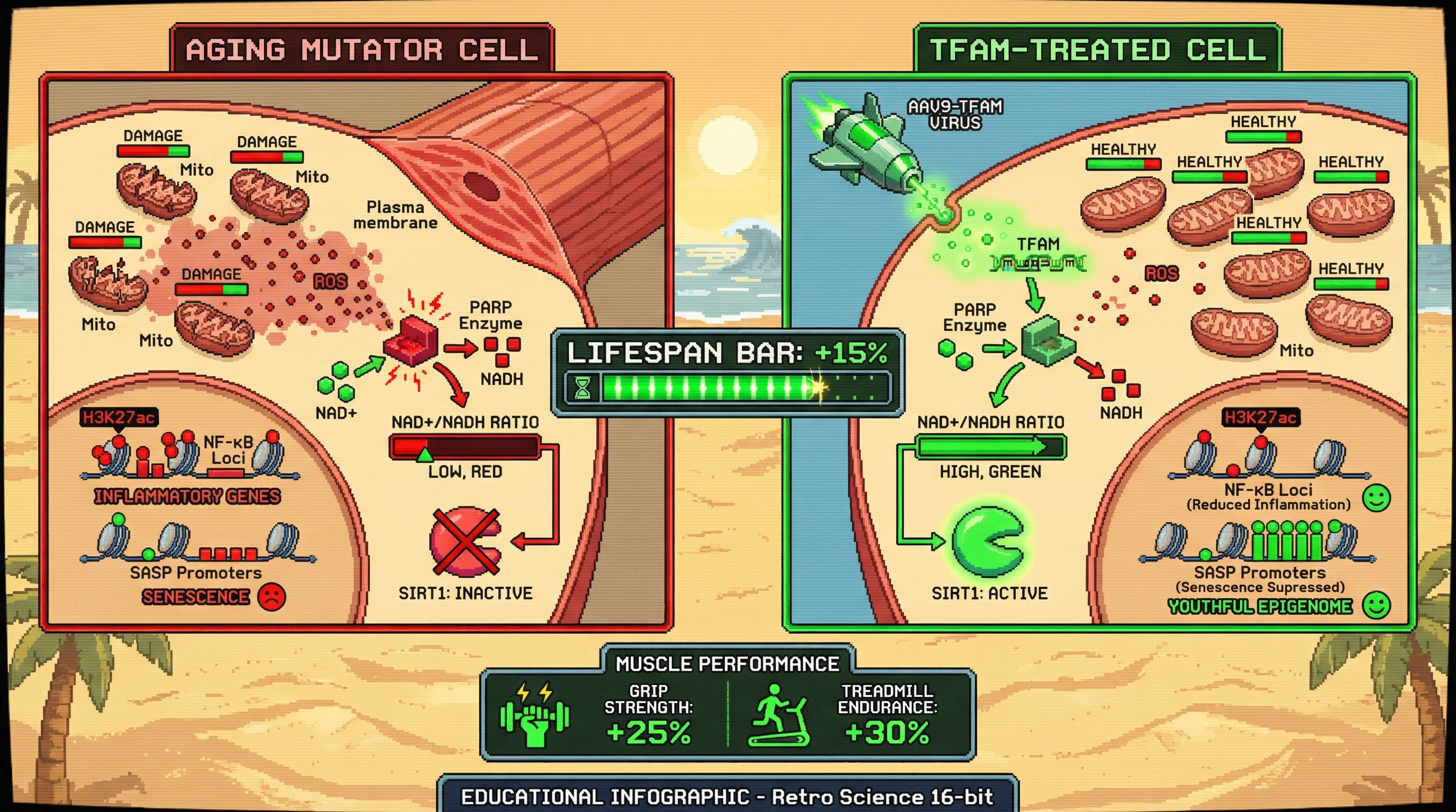 Mechanism: AAV9-TFAM delivery boosts mitochondrial DNA copy number, reducing ROS and increasing the NAD+/NADH ratio to reactivate SIRT1, which normalizes nuclear histone acetylation patterns. Readout: Readout: This leads to a 15% increase in median lifespan, 25% improved grip strength, and 30% enhanced treadmill endurance.