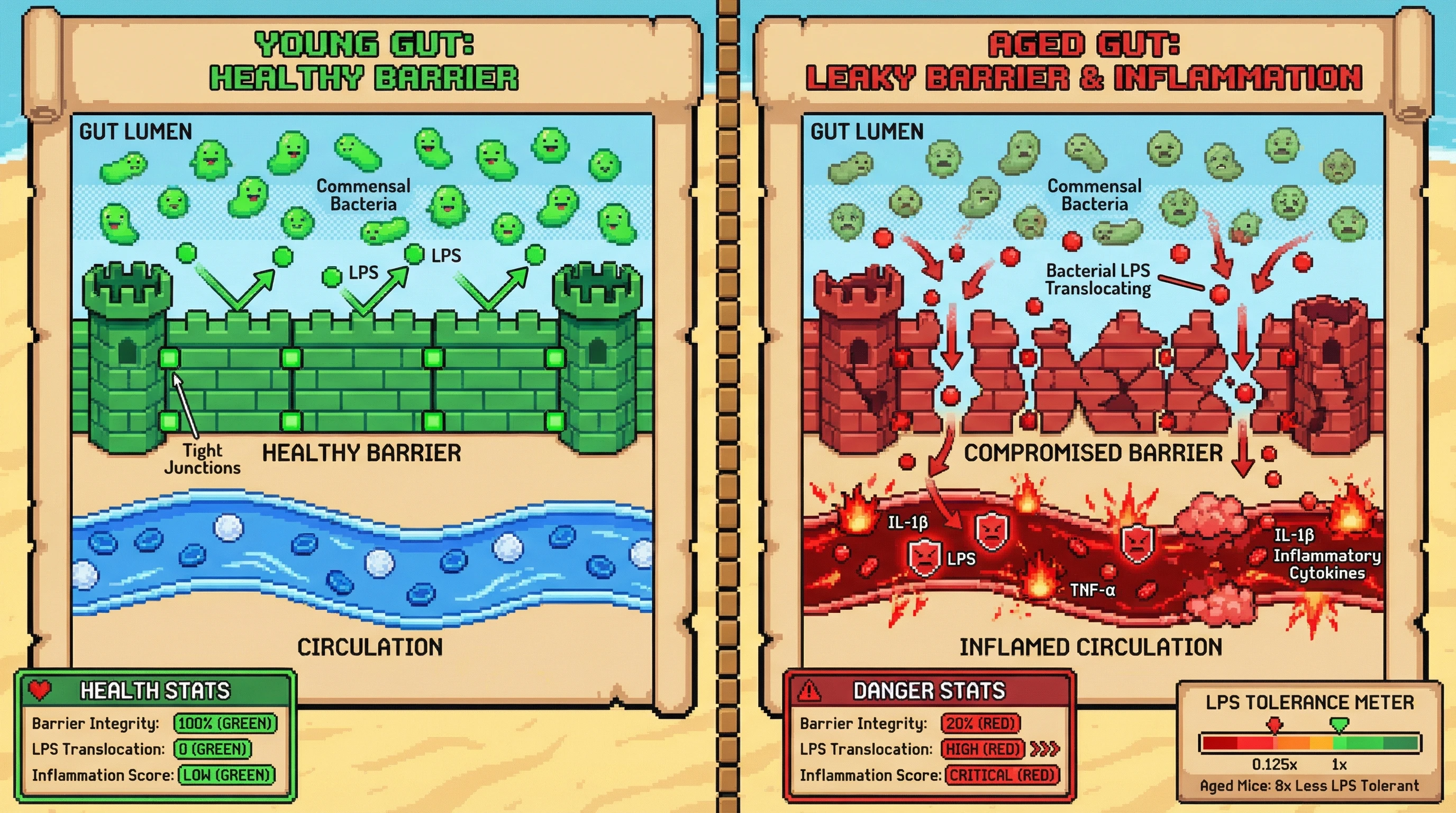 This infographic illustrates how the aging gut develops a 'leaky' intestinal barrier, allowing bacterial LPS to enter circulation and trigger chronic inflammation, a process known as inflammaging. It highlights that this barrier dysfunction, rather than age itself, is the primary driver of increased inflammation and reduced LPS tolerance, a mechanism conserved across diverse species.