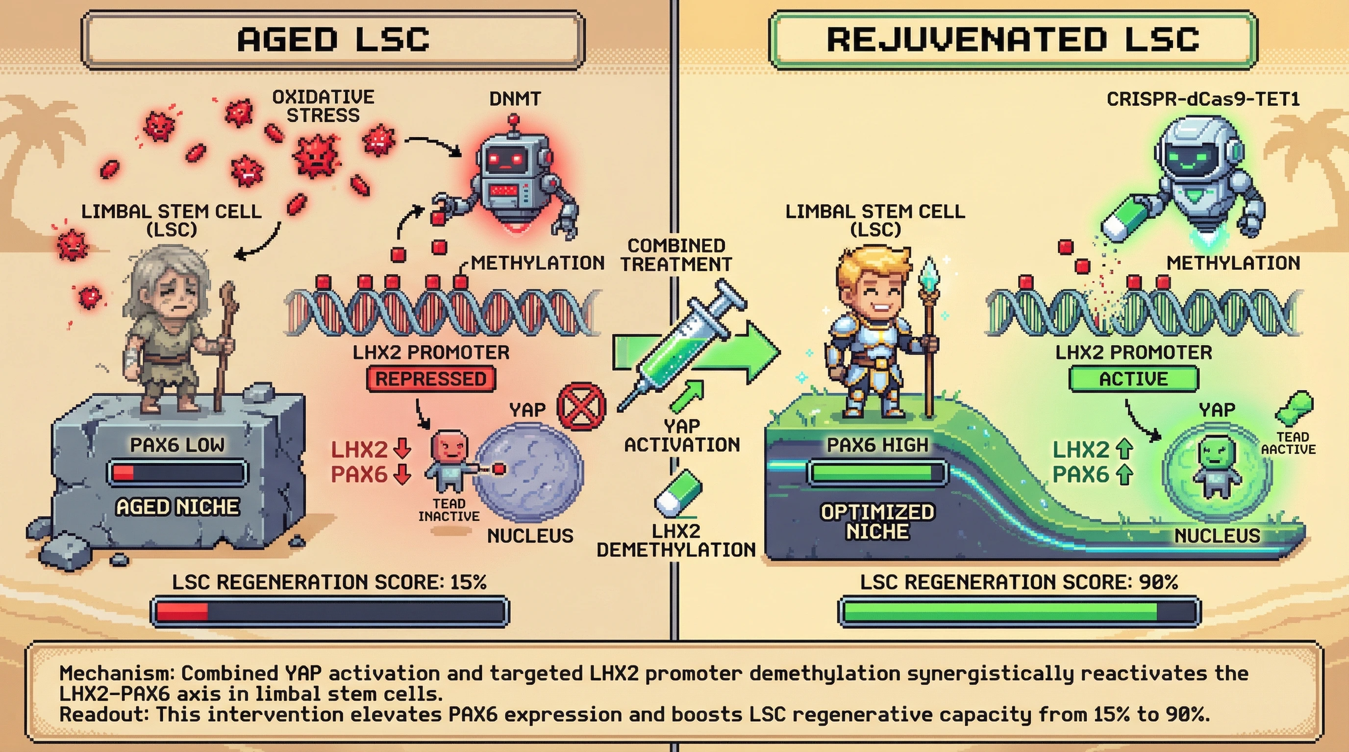 Infographic for: Combined YAP activation and LHX2 promoter demethylation restores PAX6 and reverses age-related limbal stem cell decline