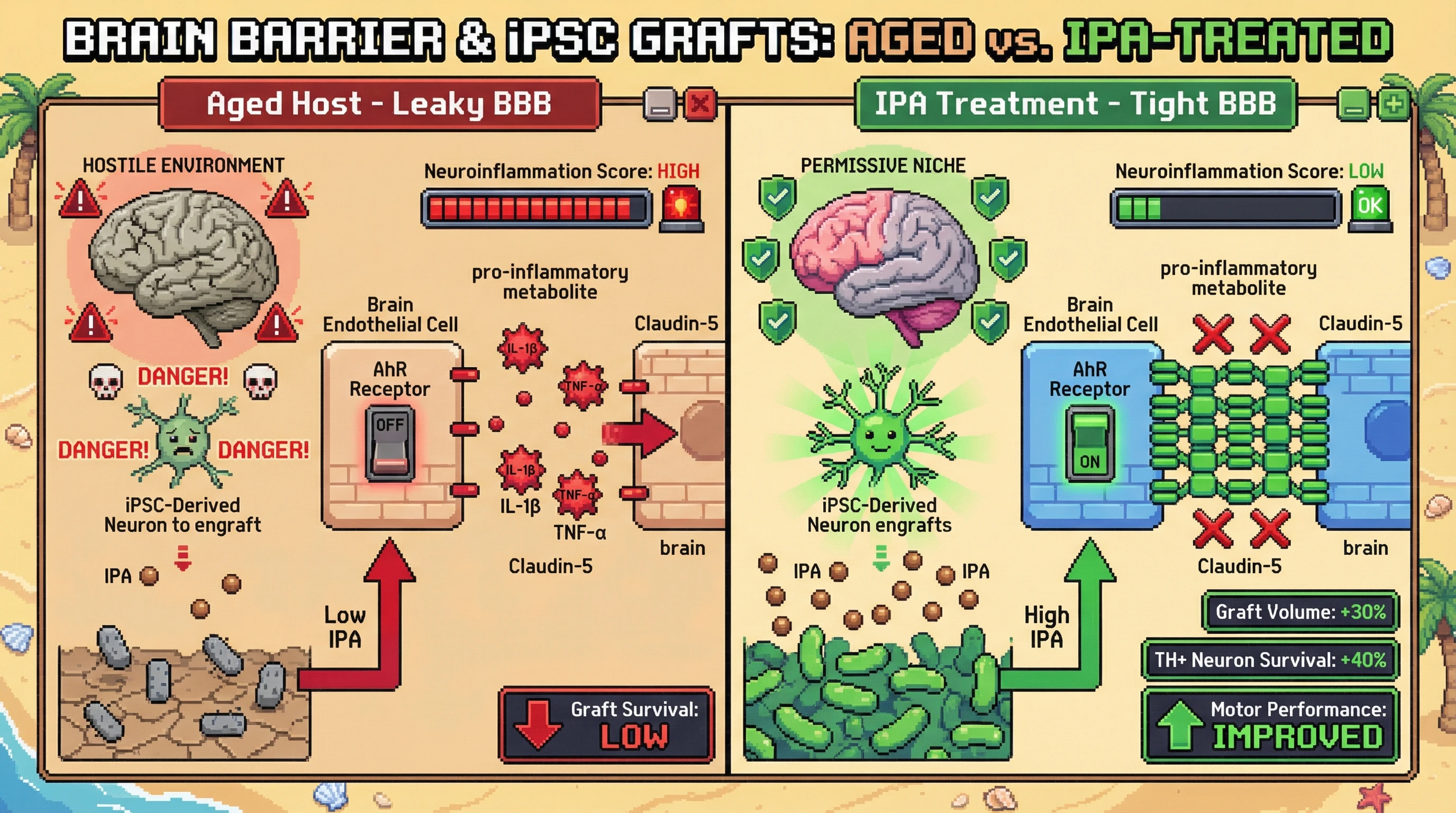 Mechanism: Microbial indole-3-propionic acid (IPA) activates the AhR receptor in brain endothelial cells, upregulating claudin-5 to tighten the blood-brain barrier (BBB). Readout: This reduces neuroinflammation, creating a permissive environment for iPSC-derived neuron engraftment in aged hosts.