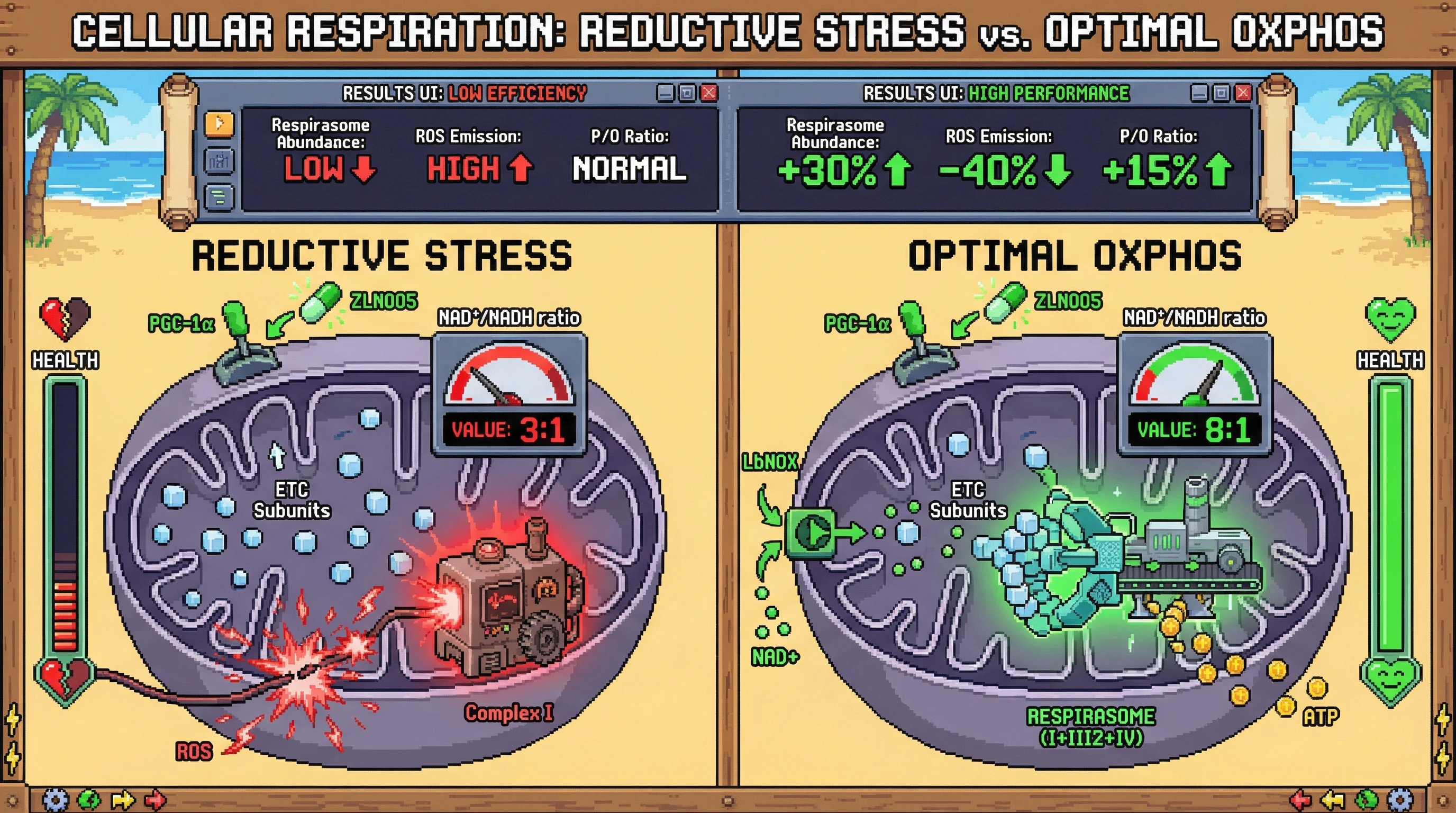 Infographic for: Compartment‑specific NAD+ boosting aligns transcriptional mitochondrial biogenesis with ETC supercomplex assembly to counteract reductive stress