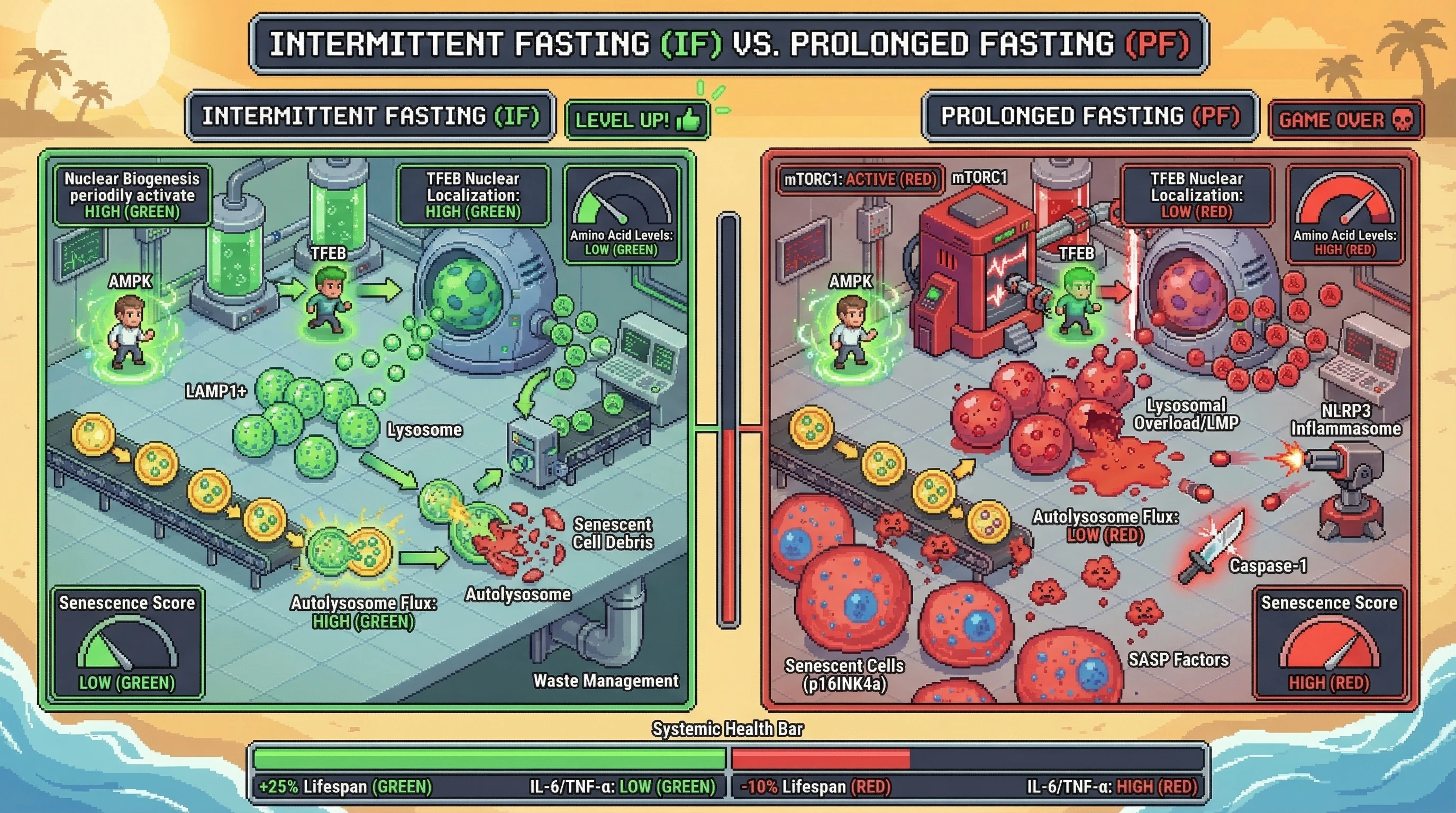 Infographic for: Intermittent fasting triggers a lysosomal‑dependent clearance of senescent cells that prolonged fasting fails to achieve due to lysosomal overload and inflammasome activation