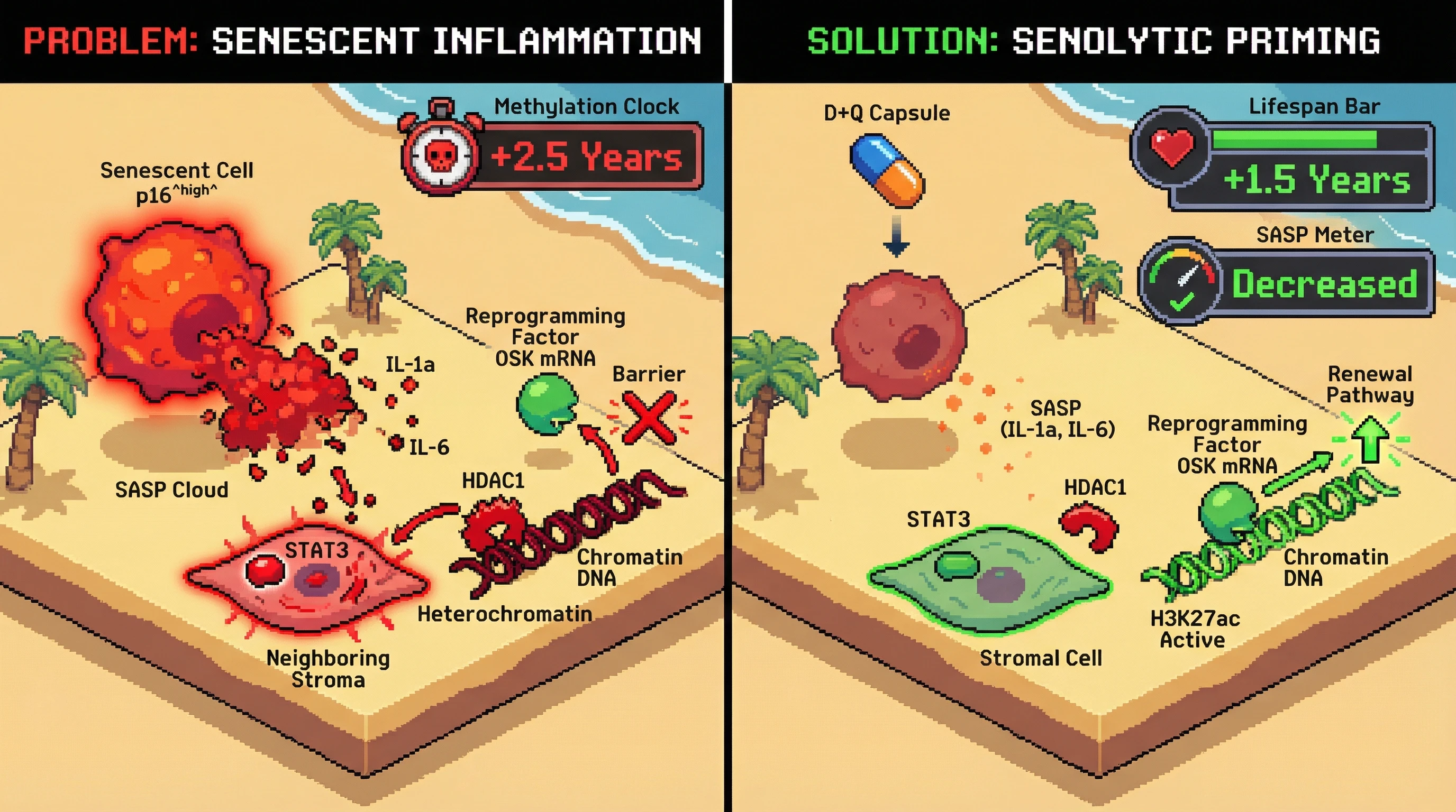 Infographic for: Senolytic priming enhancesepigenetic reprogramming efficacy by reducing SASP-driven barrier to chromatin opening