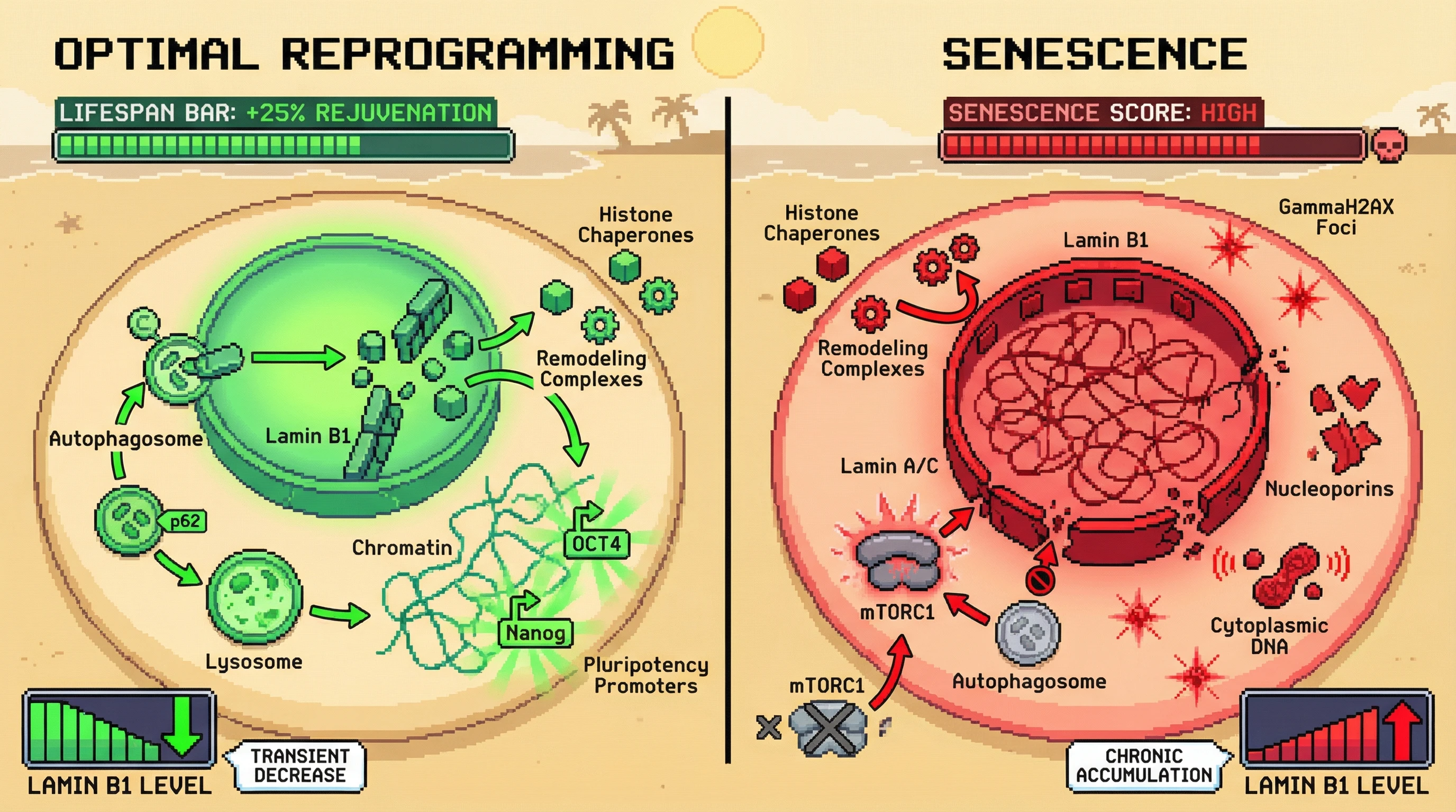 Mechanism: Transient OSKM-induced mTORC1 inhibition activates autophagy, selectively degrading Lamin B1 to loosen chromatin and enable epigenetic plasticity for partial reprogramming. Readout: Readout: This process correlates with a transient Lamin B1 reduction, increased pluripotency markers, and a +25% rejuvenation in optimal conditions, contrasting with senescence markers like γH2AX foci when autophagy is dysregulated.