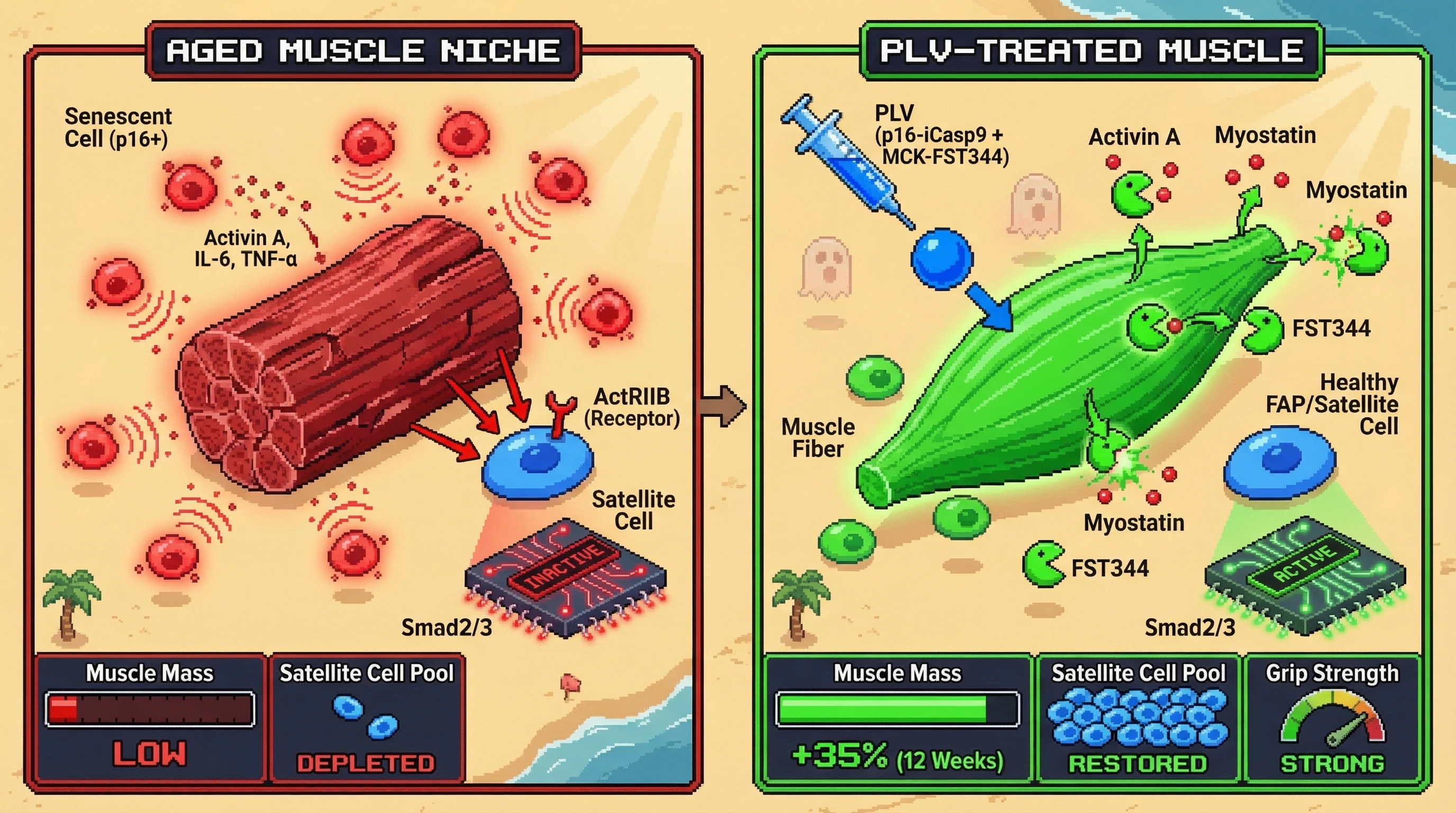 Mechanism: A dual-payload PLV delivers iCasp9 to clear senescent cells and FST344 to neutralize activin A and myostatin, detoxifying the muscle niche. Readout: Readout: Muscle mass, grip strength, and satellite cell pool size are significantly improved by 25-40% at 12 weeks post-treatment.