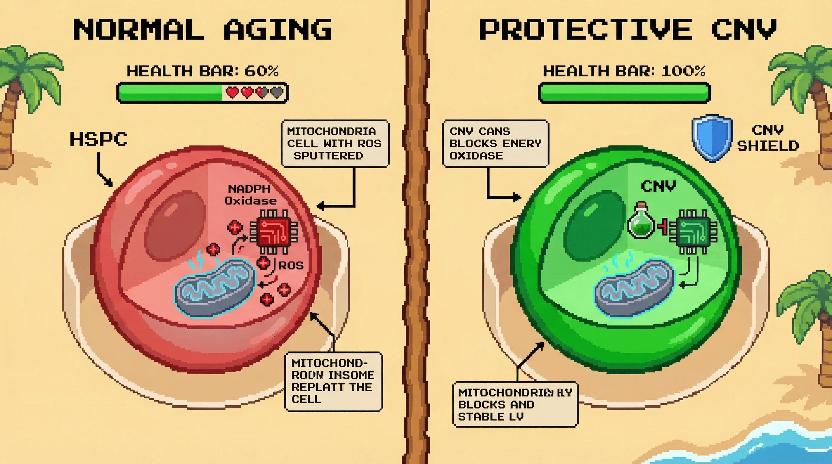 Infographic for: Protective somatic CNVs modulate mitochondrial heteroplasmy via immune‑metabolic signaling in hematopoietic stem cells