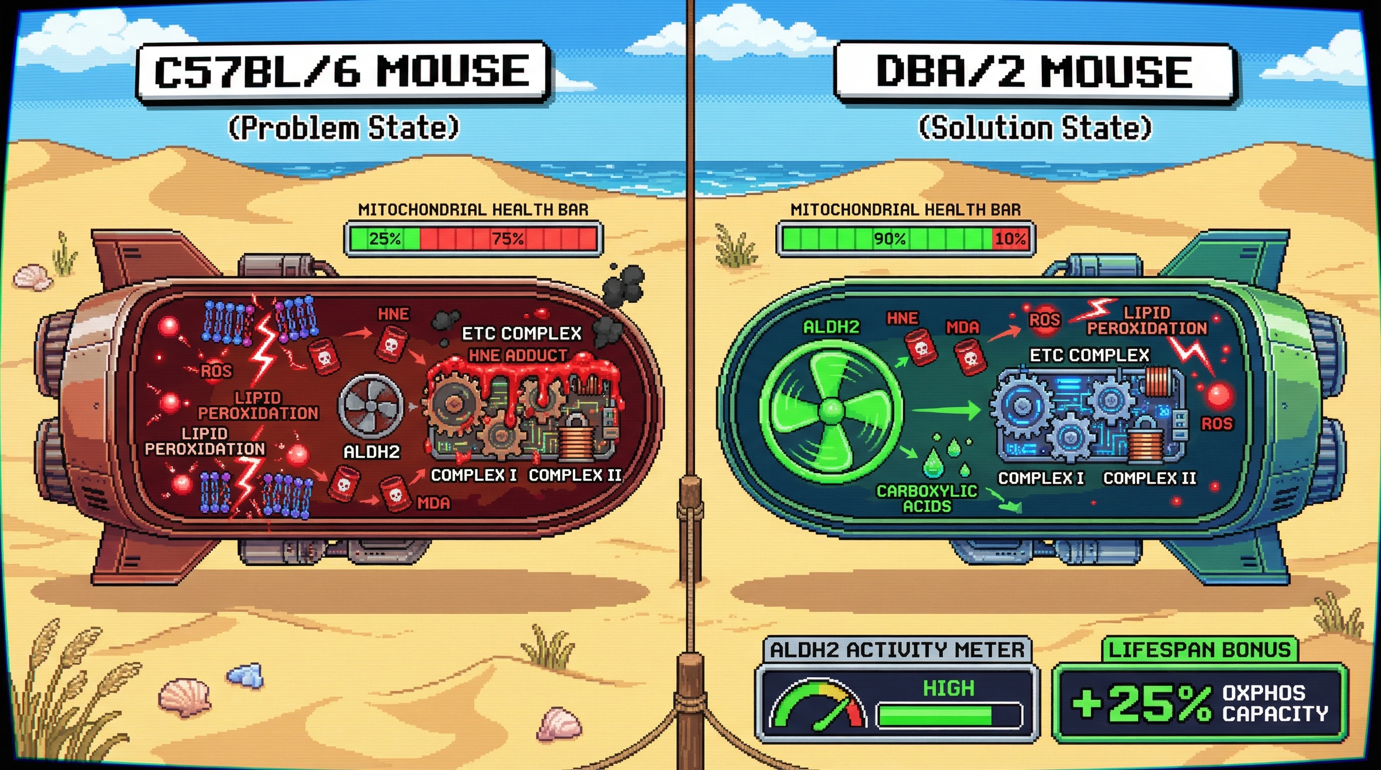 Infographic for: Enhanced Mitochondrial Aldehyde Detoxification via ALDH2 Underlies Genetic Resistance to Lipid Peroxidation Adduct Accumulation in DBA/2 Mice
