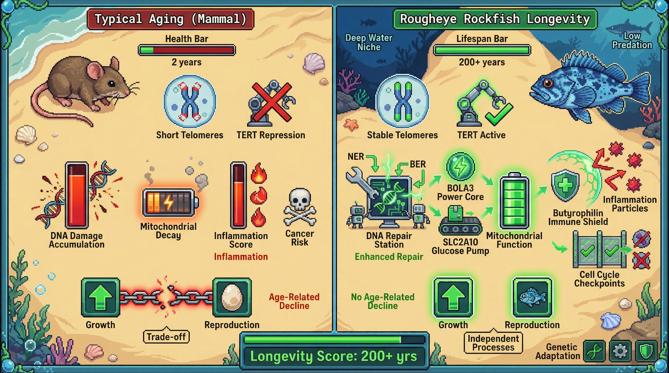 This infographic contrasts typical mammalian aging with the extreme longevity of the Rougheye Rockfish, illustrating how the fish maintains telomeres, enhances DNA repair, and achieves metabolic stability without succumbing to age-related diseases or cancer.