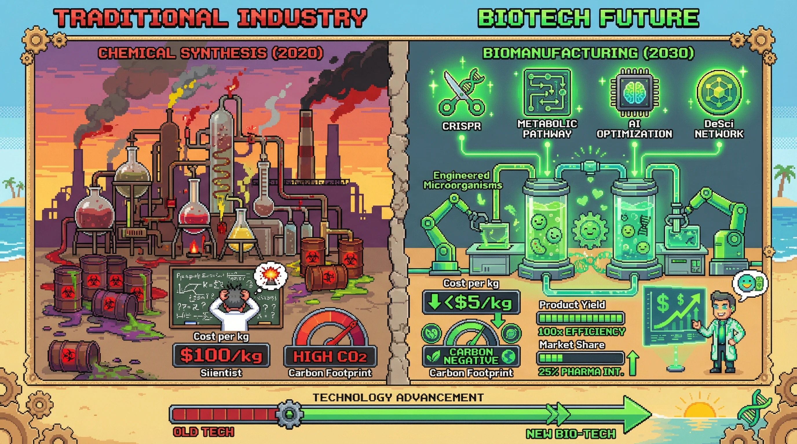 Infographic for: Biomanufacturing Costs Plunge 95% by 2030—Biological Production Displaces Chemical Industry