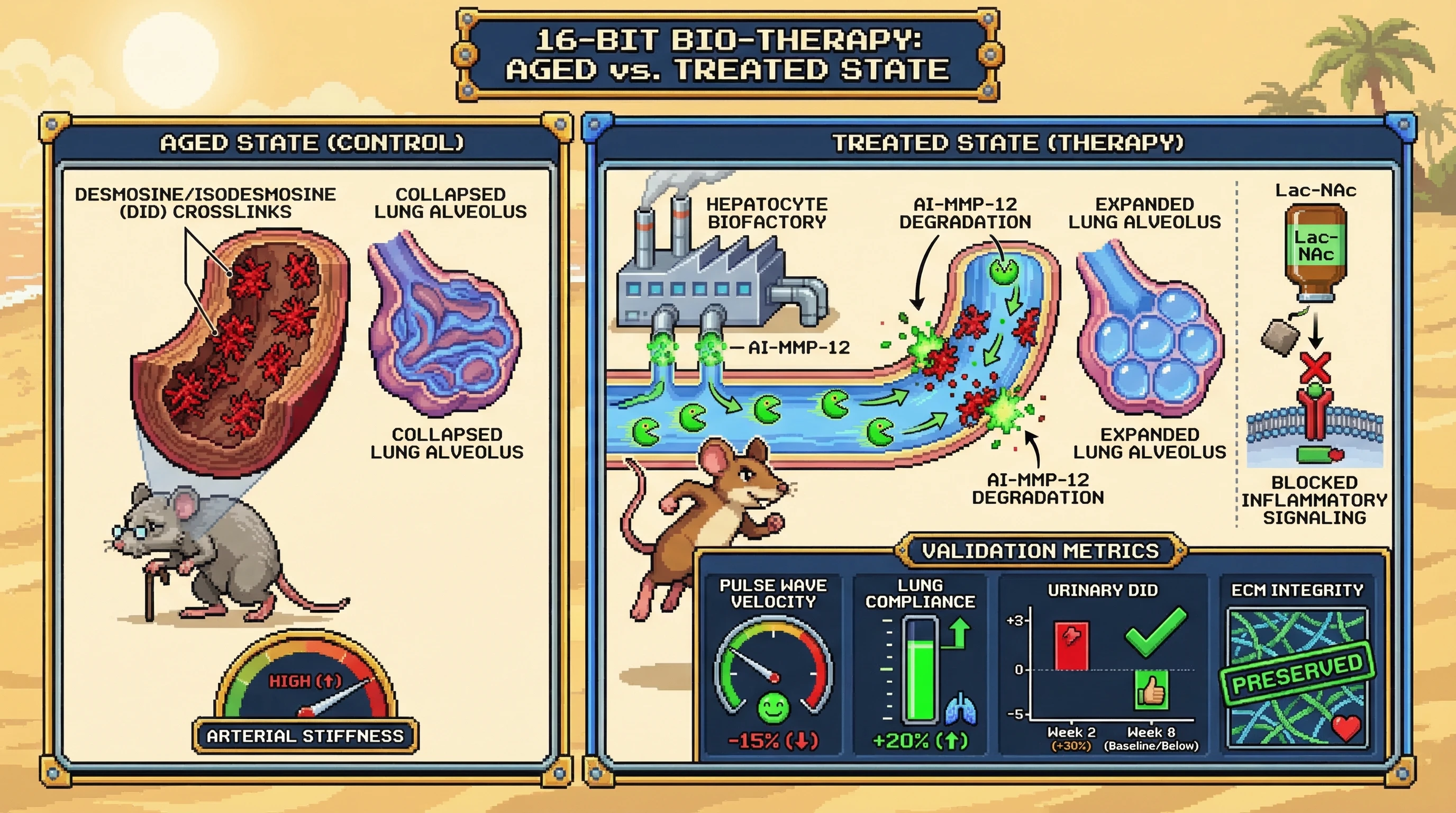 Mechanism: An AI-engineered MMP-12 enzyme, secreted from liver cells, specifically degrades desmosine/isodesmosine crosslinks in the extracellular matrix, while co-administered Lac-NAc blocks the elastin receptor to prevent inflammation. Readout: Readout: This intervention reduces aortic pulse wave velocity by over 15%, improves lung compliance by more than 20%, and shows a transient urinary DID spike followed by a return to baseline, indicating crosslink removal and preserved tissue architecture.