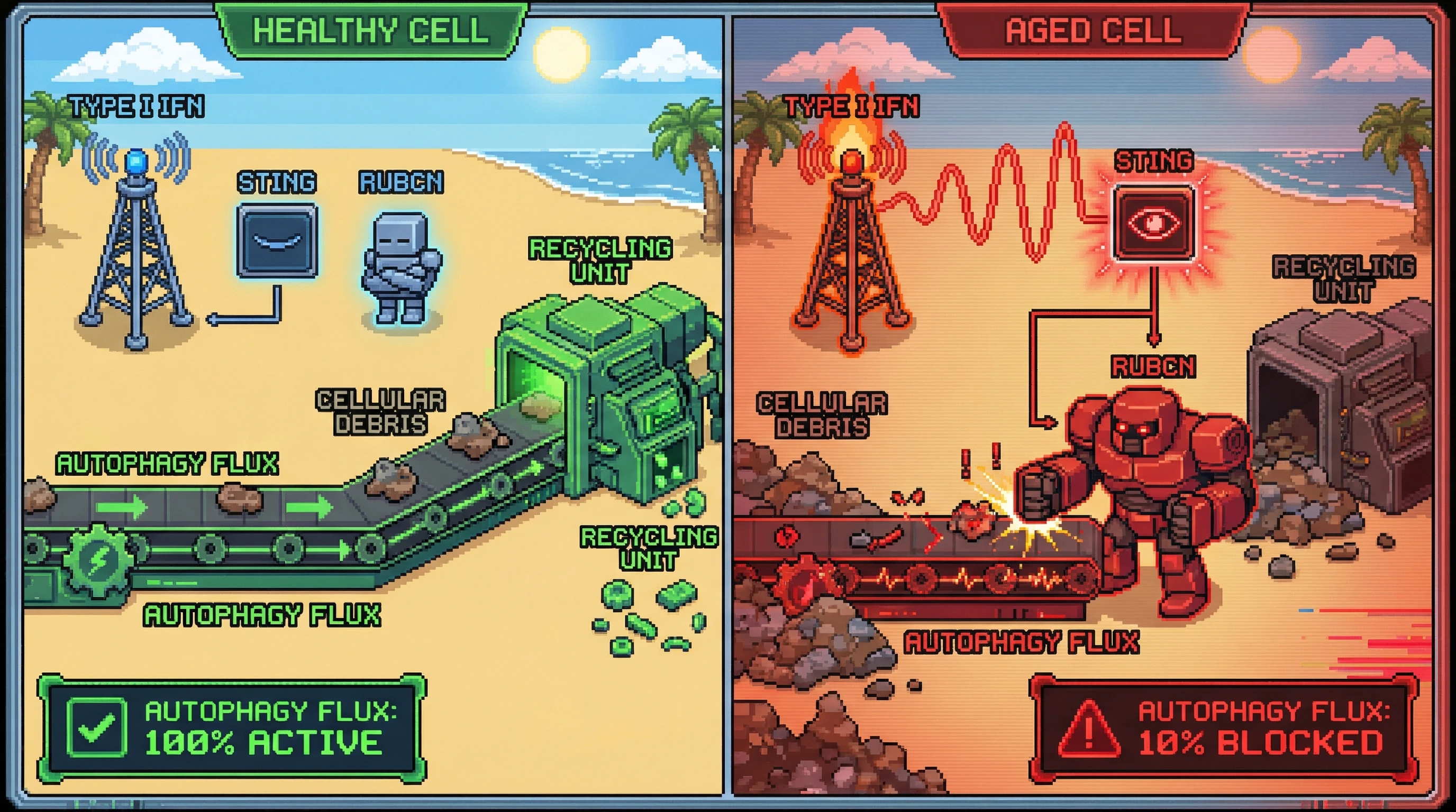 Infographic for: Chronic Type I IFN Signaling Drives Autophagy Flux Blockade in Aging via STING‑Dependent Induction of the Autophagy Inhibitor RUBCN