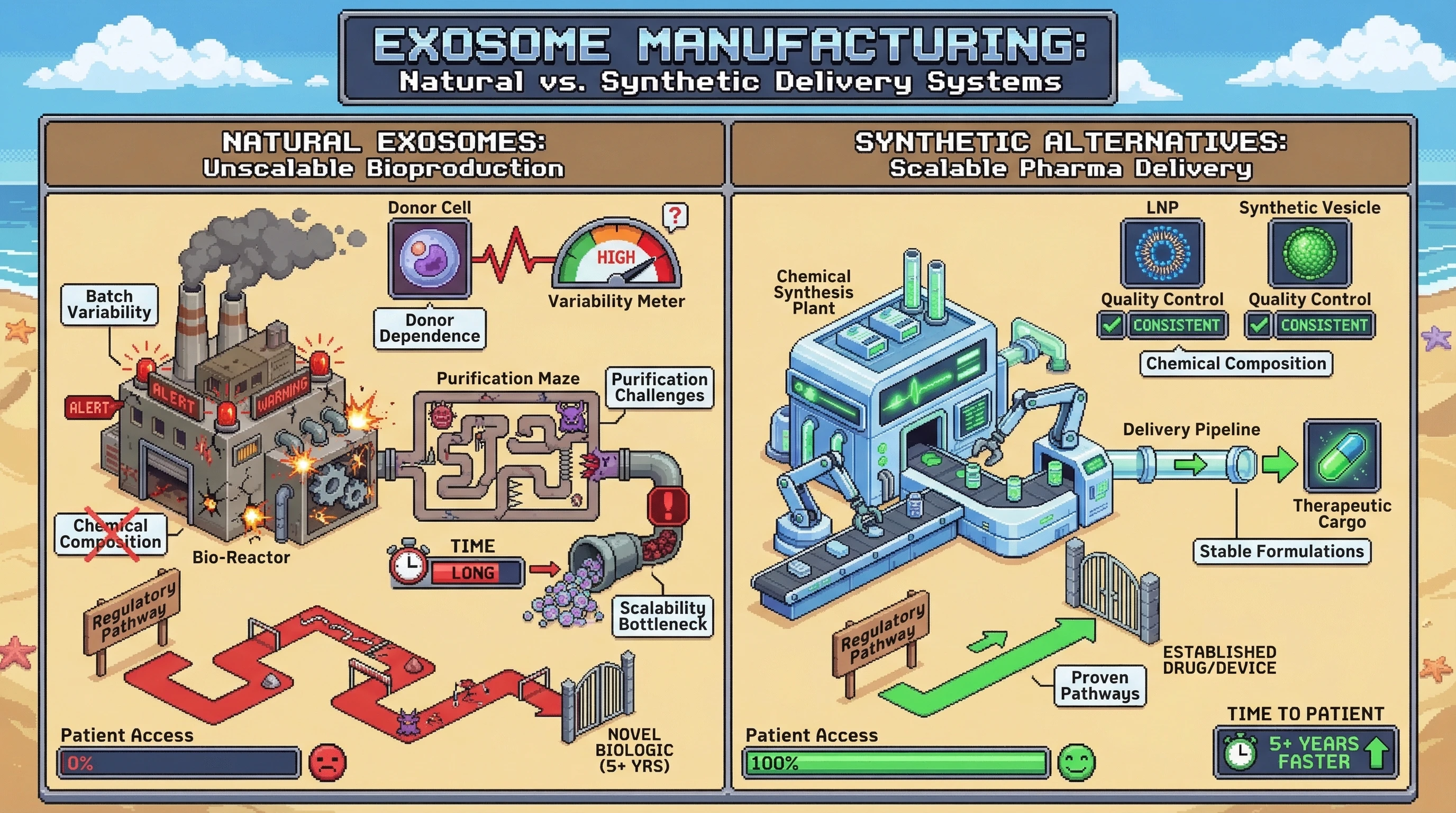 Mechanism: Synthetic biomimetic delivery systems like LNPs bypass the inherent manufacturing challenges of natural exosomes. Readout: Readout: This approach leads to established regulatory pathways and accelerates patient access by over 5 years compared to biologically derived exosomes.