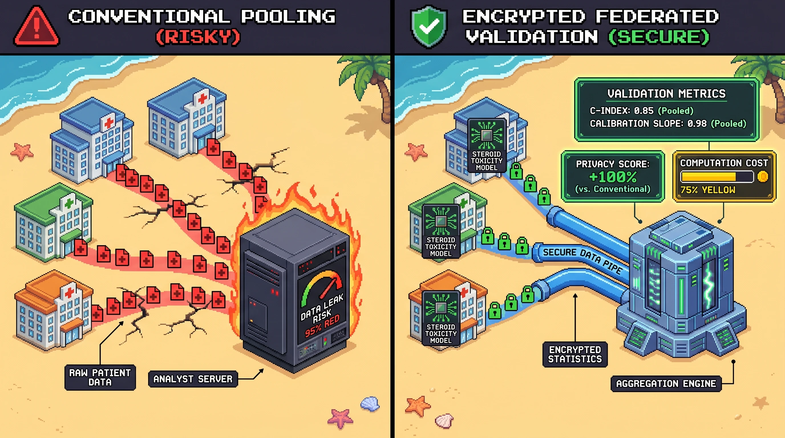 Infographic for: Hypothesis: homomorphically encrypted pooled survival statistics can validate steroid psychiatric toxicity models across decentralized autoimmune registries without sharing raw mental-health data