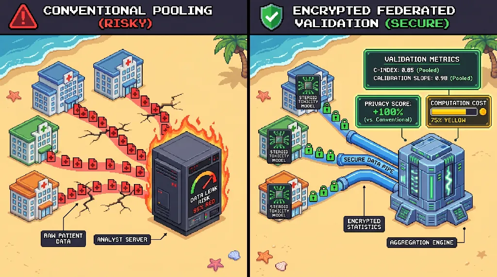 Infographic for: Hypothesis: homomorphically encrypted pooled survival statistics can validate steroid psychiatric toxicity models across decentralized autoimmune registries without sharing raw mental-health data
