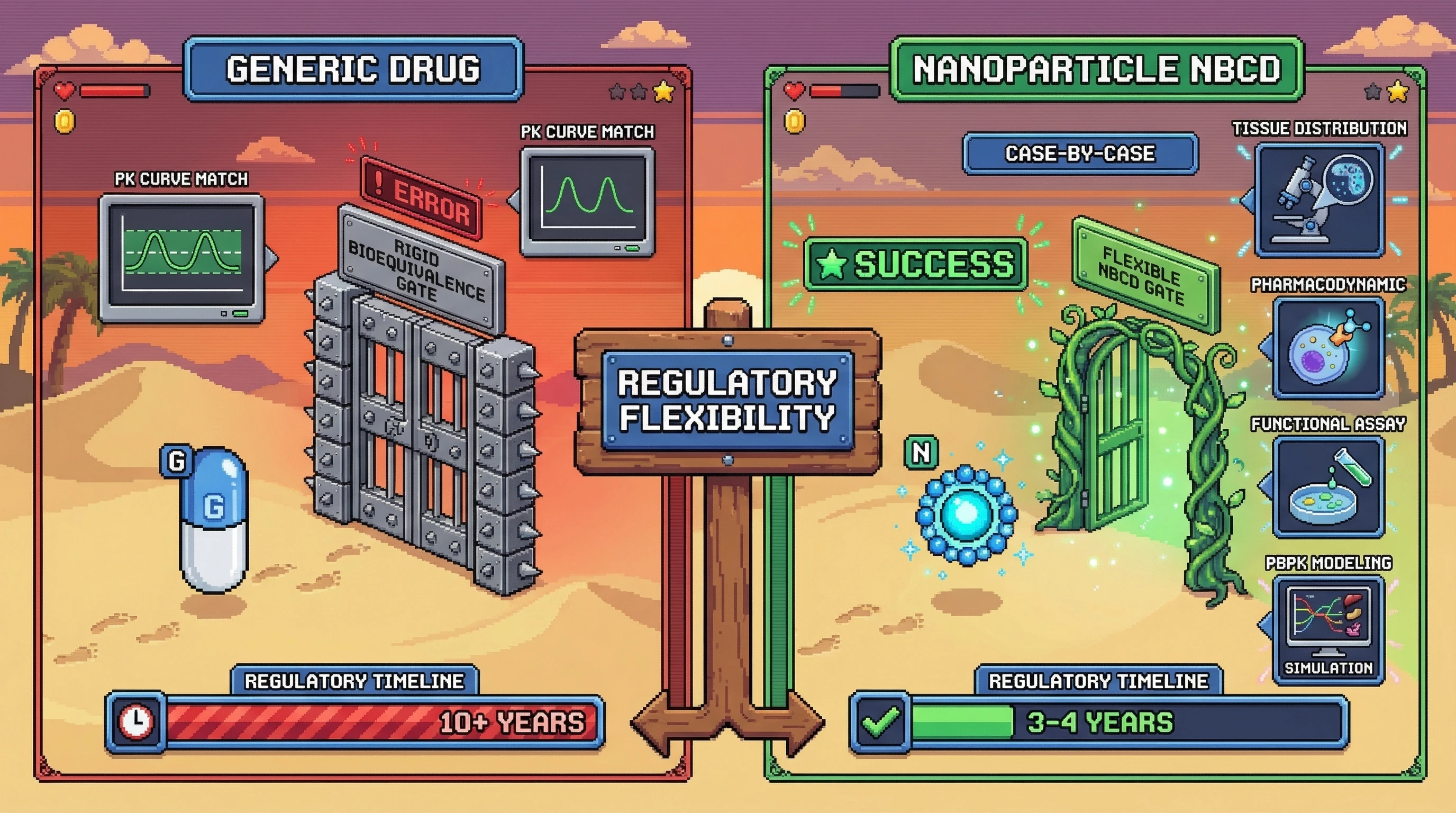 Mechanism: Nanoparticle Non-Biological Complex Drugs (NBCDs) bypass rigid bioequivalence requirements, allowing for case-by-case evaluation and alternative study designs. Readout: Readout: This regulatory flexibility significantly accelerates approval timelines, reducing them from 10+ years to 3-4 years by matching studies to product advantages.