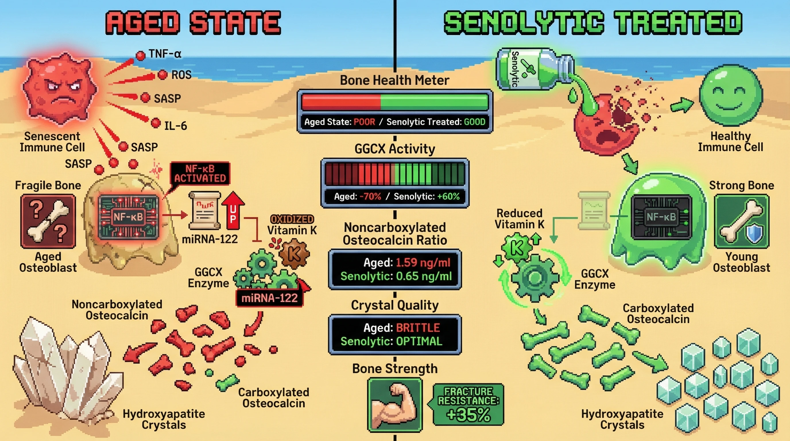 Mechanism: Senescent immune cells secrete SASP factors (TNF-α, ROS) that inhibit osteoblast GGCX activity via miRNA-122 and vitamin K oxidation, impairing osteocalcin carboxylation and bone mineralization. Readout: Readout: Senolytic treatment reduces noncarboxylated osteocalcin ratios, improves GGCX activity, and increases bone strength/fracture resistance.