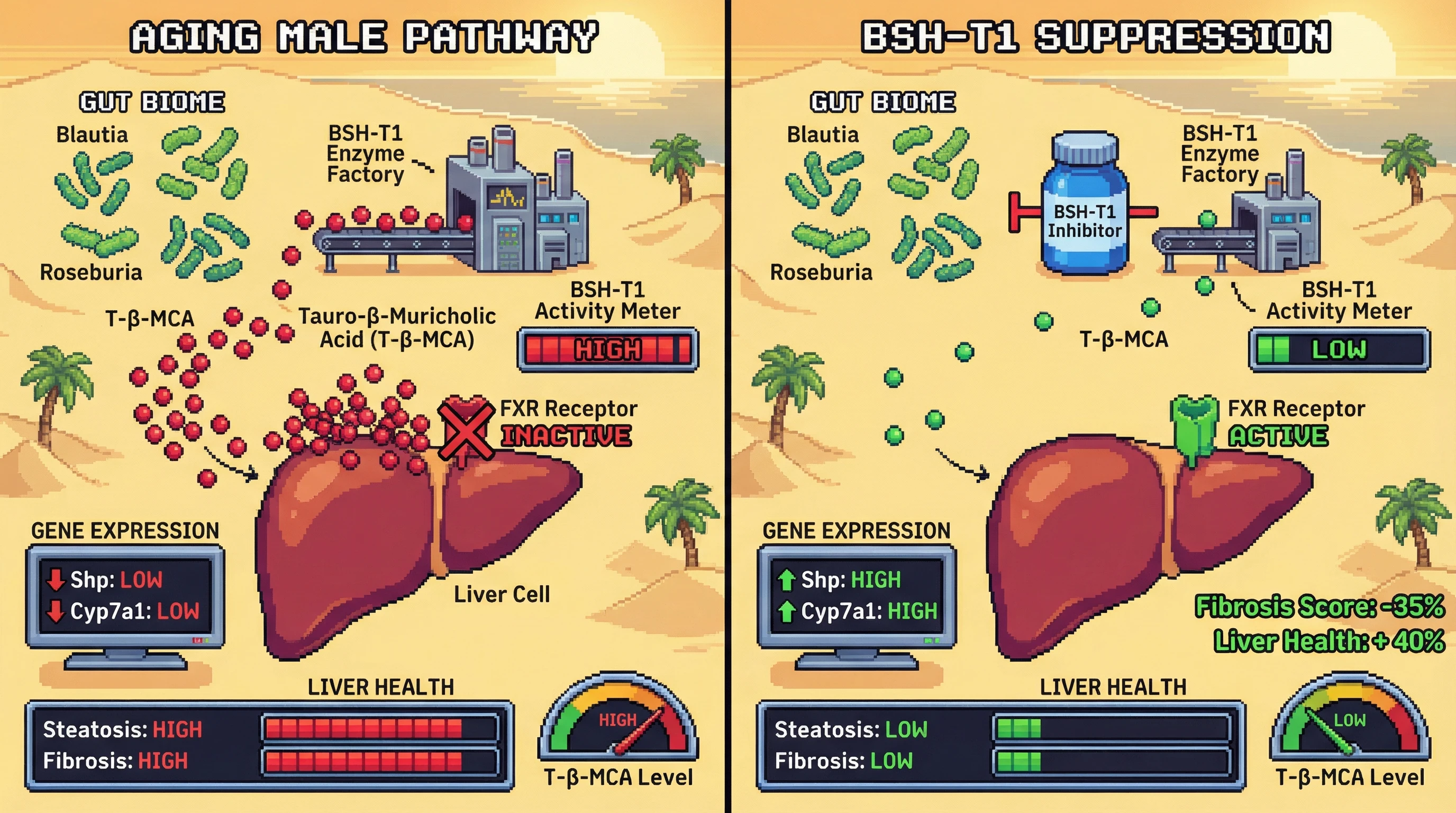 Infographic for: Sex‑Specific BSH‑T1 Overexpression Drives Hepatic FXR Antagonism via Tauro‑β‑Muricholic Acid Accumulation in Aging Males