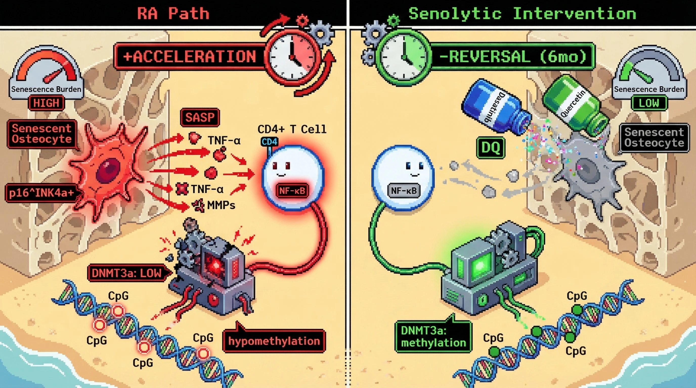 Mechanism: Senescent osteocytes in RA secrete SASP, activating NF-κB in CD4+ T cells to suppress DNMT3a and cause CpG hypomethylation. Readout: Readout: Senolytic therapy reduces senescence burden, reverses epigenetic clock acceleration, and restores DNMT3a expression within 6 months.