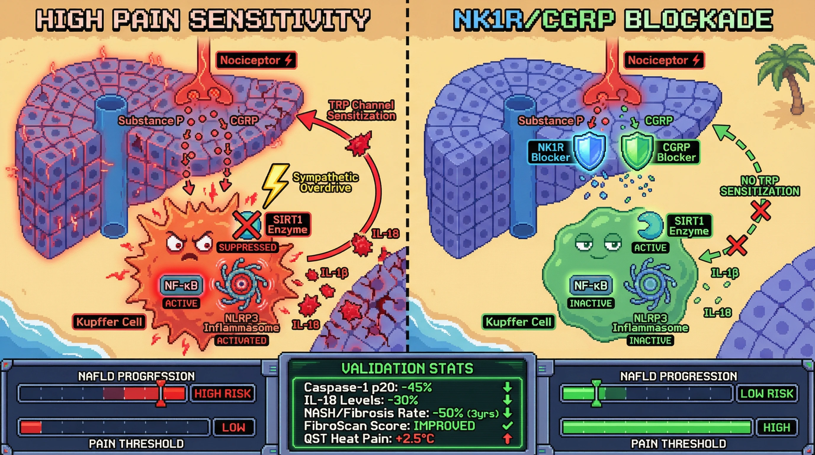 Mechanism: Nociceptor-derived neuropeptides (Substance P, CGRP) activate Kupffer cell NLRP3 inflammasomes, leading to IL-1β/IL-18 release and NAFLD progression, while a feedback loop sensitizes pain. Readout: Readout: Blockade of NK1R/CGRP receptors reduces inflammasome markers (Caspase-1 p20, IL-18) by 30-45% and halves the rate of NASH/fibrosis over 3 years.