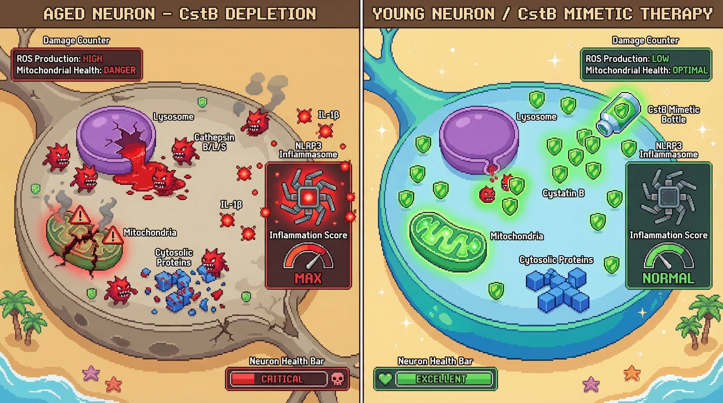 Mechanism: In aged neurons, declining Cystatin B (CstB) levels allow leaked cysteine cathepsins to damage mitochondria and activate the NLRP3 inflammasome, accelerating cell death. Readout: Readout: CstB mimetic therapy restores CstB, prevents cathepsin-mediated damage, and keeps inflammation and mitochondrial health at optimal levels.