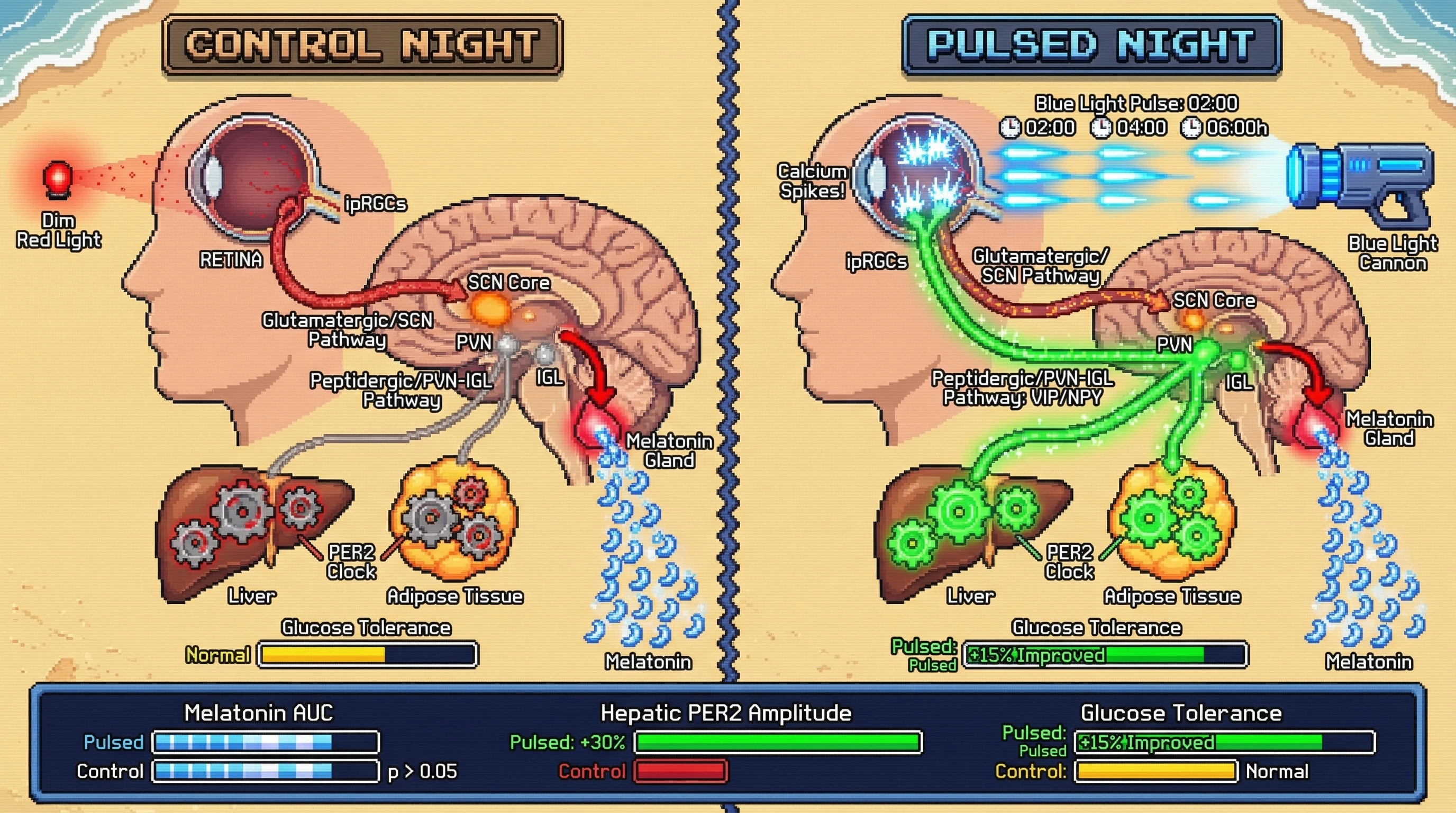 Mechanism: Brief blue-light pulses activate ipRGC peptidergic pathways, selectively aligning peripheral clocks in liver and adipose tissue without affecting the SCN or global melatonin. Readout: Readout: Hepatic PER2 amplitude increases by 30%, melatonin AUC remains unchanged, and glucose tolerance improves by 15%.