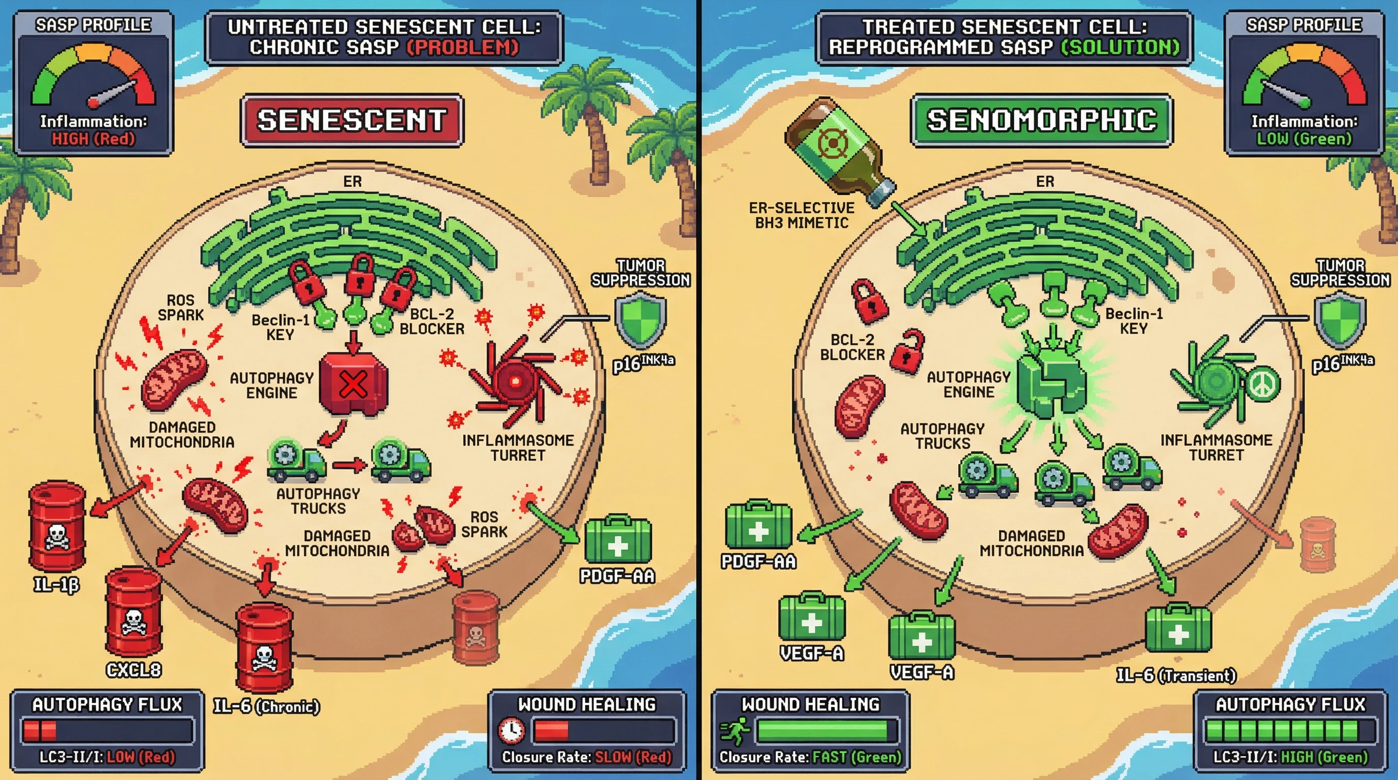 Infographic for: Reprogramming Senescent Chaperones: ER‑BCL‑2/Beclin‑1 Disruption as a Senomorphic Strategy to Preserve Tissue Homeostasis While Dampening Chronic SASP