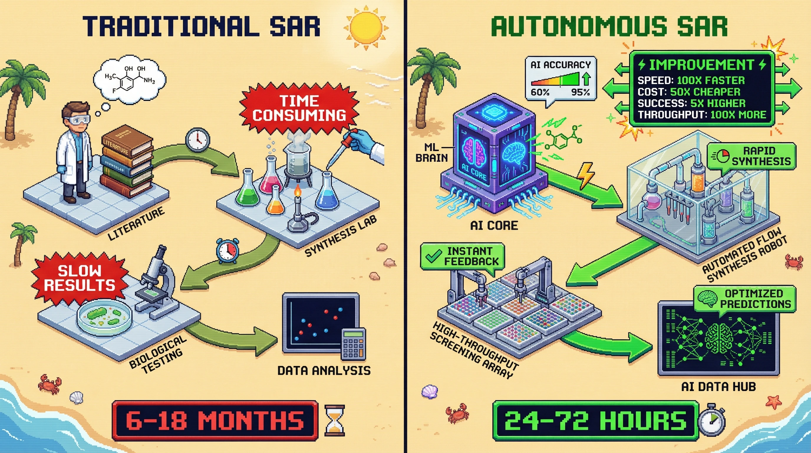 Infographic for: AI-Driven SAR Acceleration: Autonomous Design-Synthesis-Test Loops Cut Discovery Time 100x