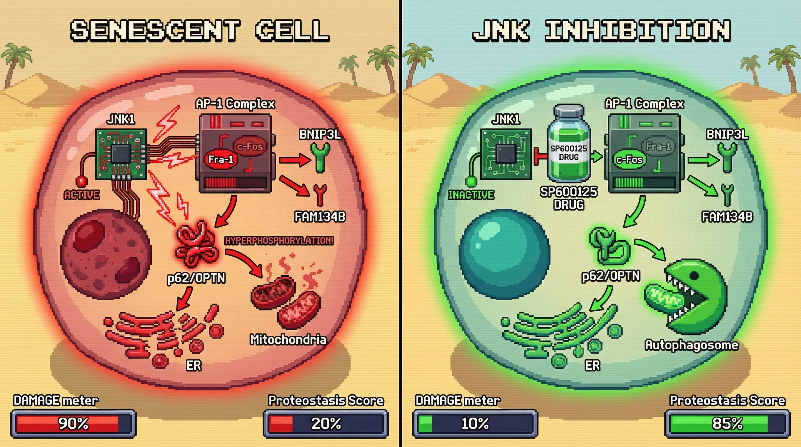 Mechanism: Chronic JNK-AP-1 signaling in senescent cells misprioritizes autophagy receptors and hyperphosphorylates p62/OPTN, causing dysfunctional organelle clearance. Readout: Readout: JNK inhibition restores balanced receptor expression and improves proteostasis, increasing the 'Proteostasis Score' and decreasing cellular 'DAMAGE'.